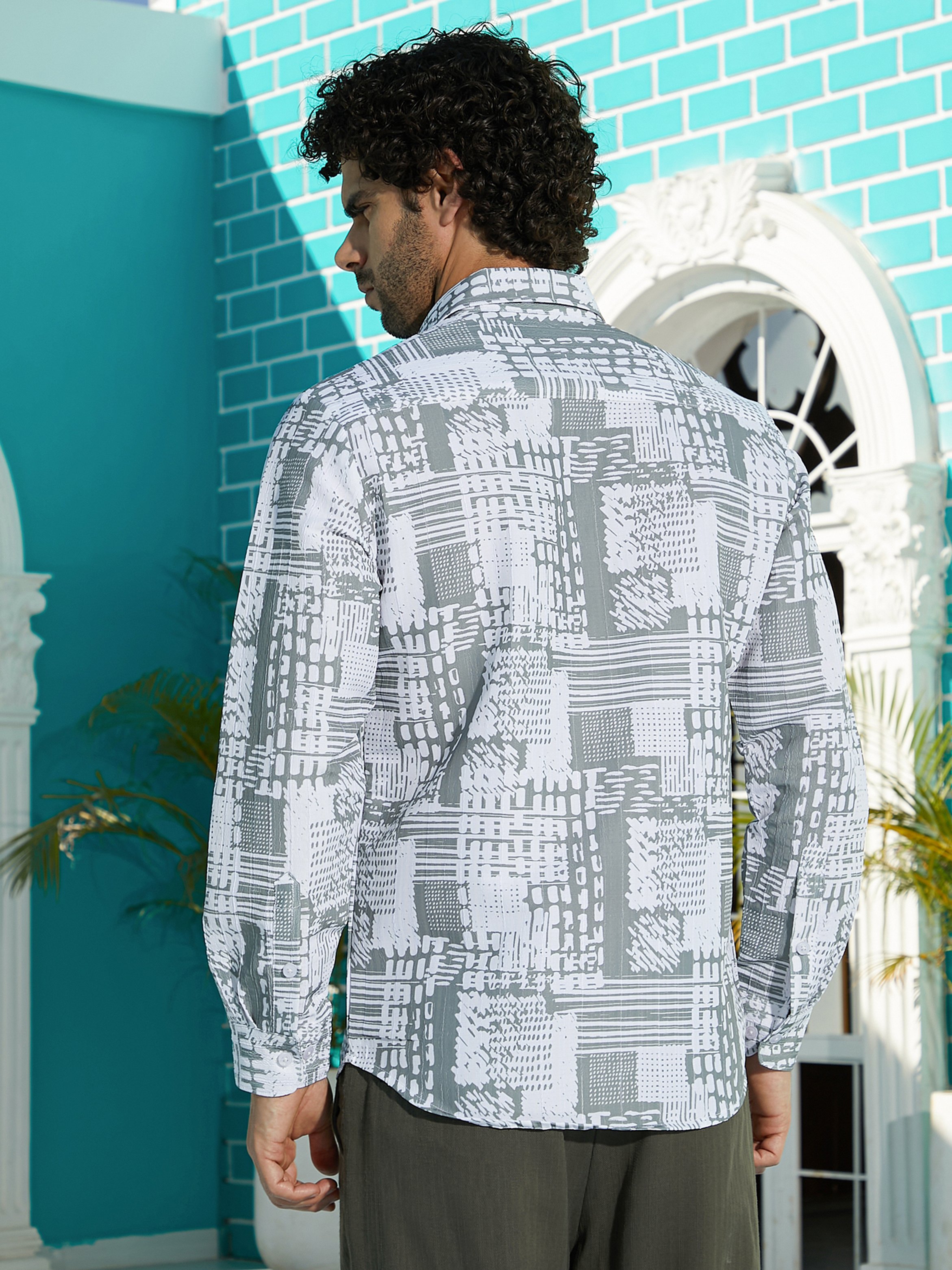 Men Grey Printed Spread Collar Shirt