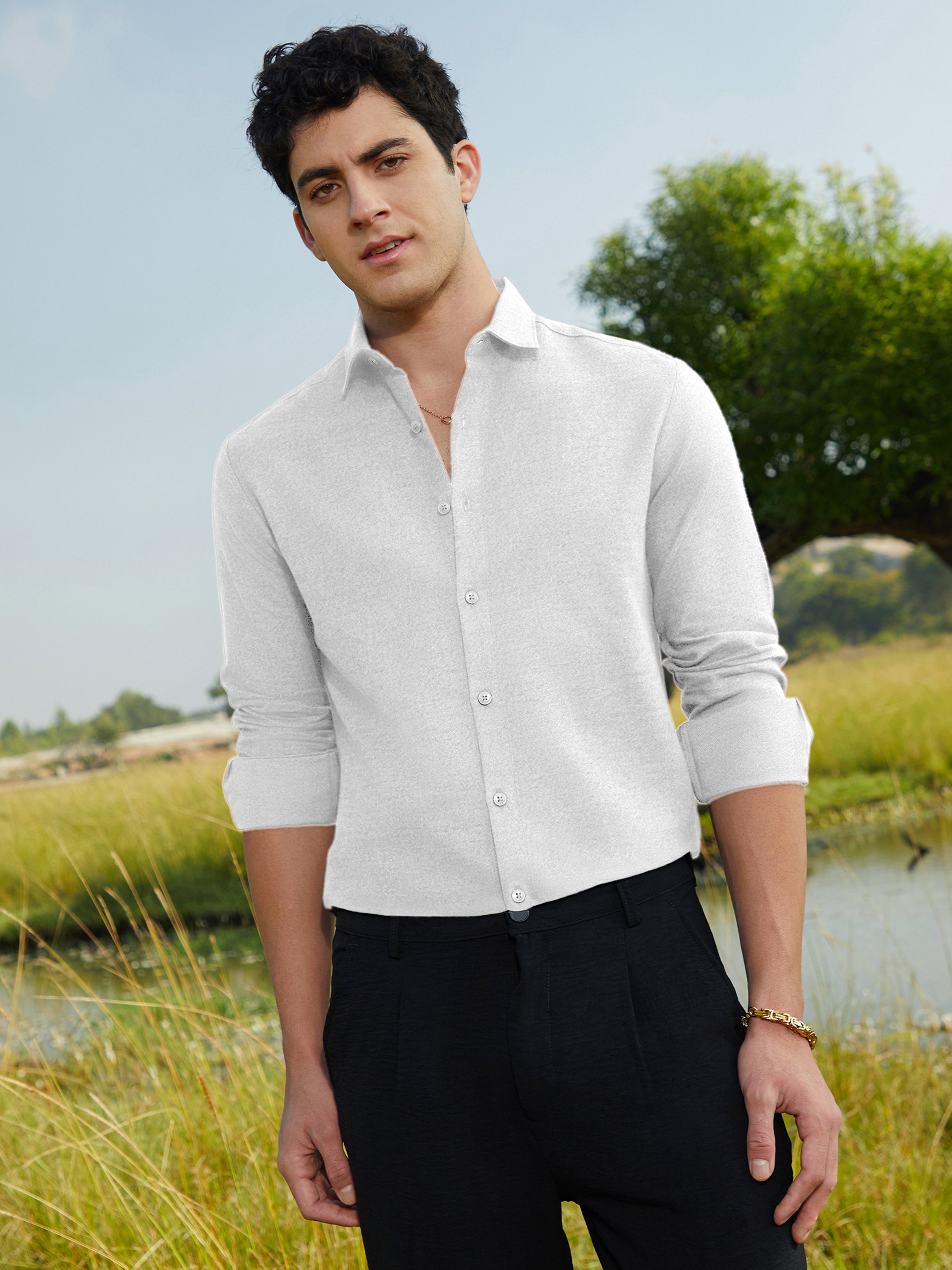 Men White Textured Regular Shirt