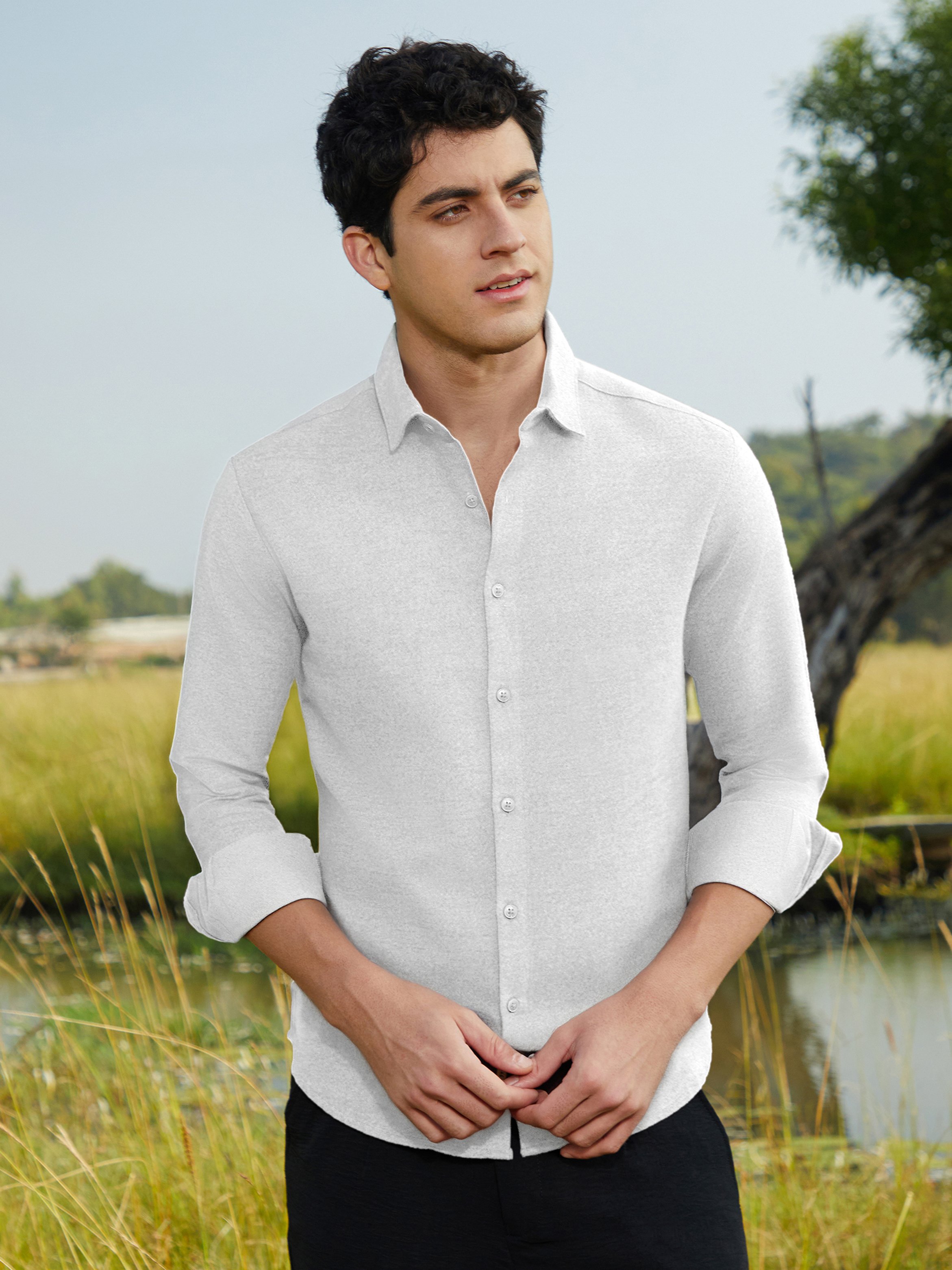 Men White Textured Regular Shirt