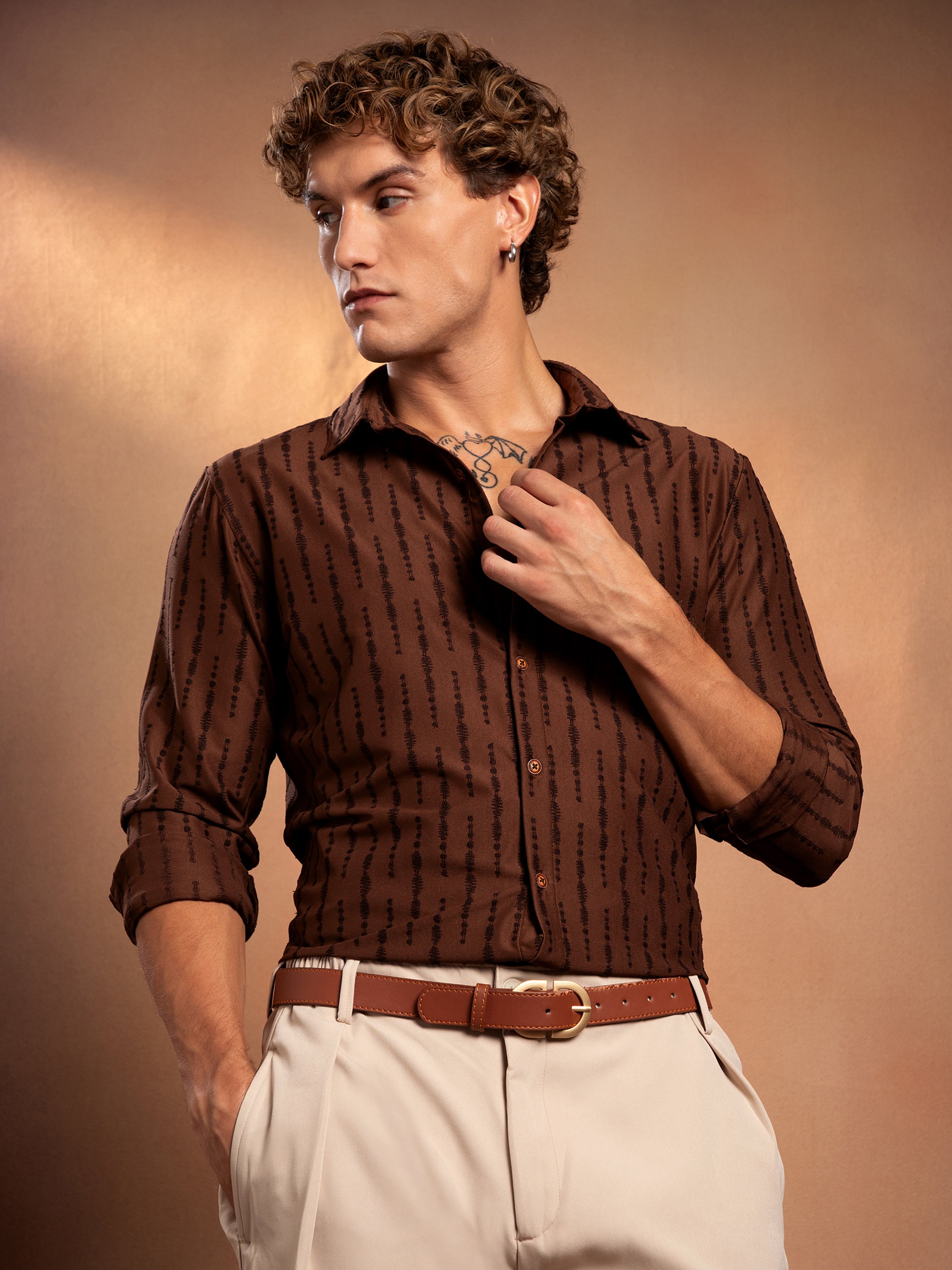 Men Chocolate Brown Textured Striped Shirt