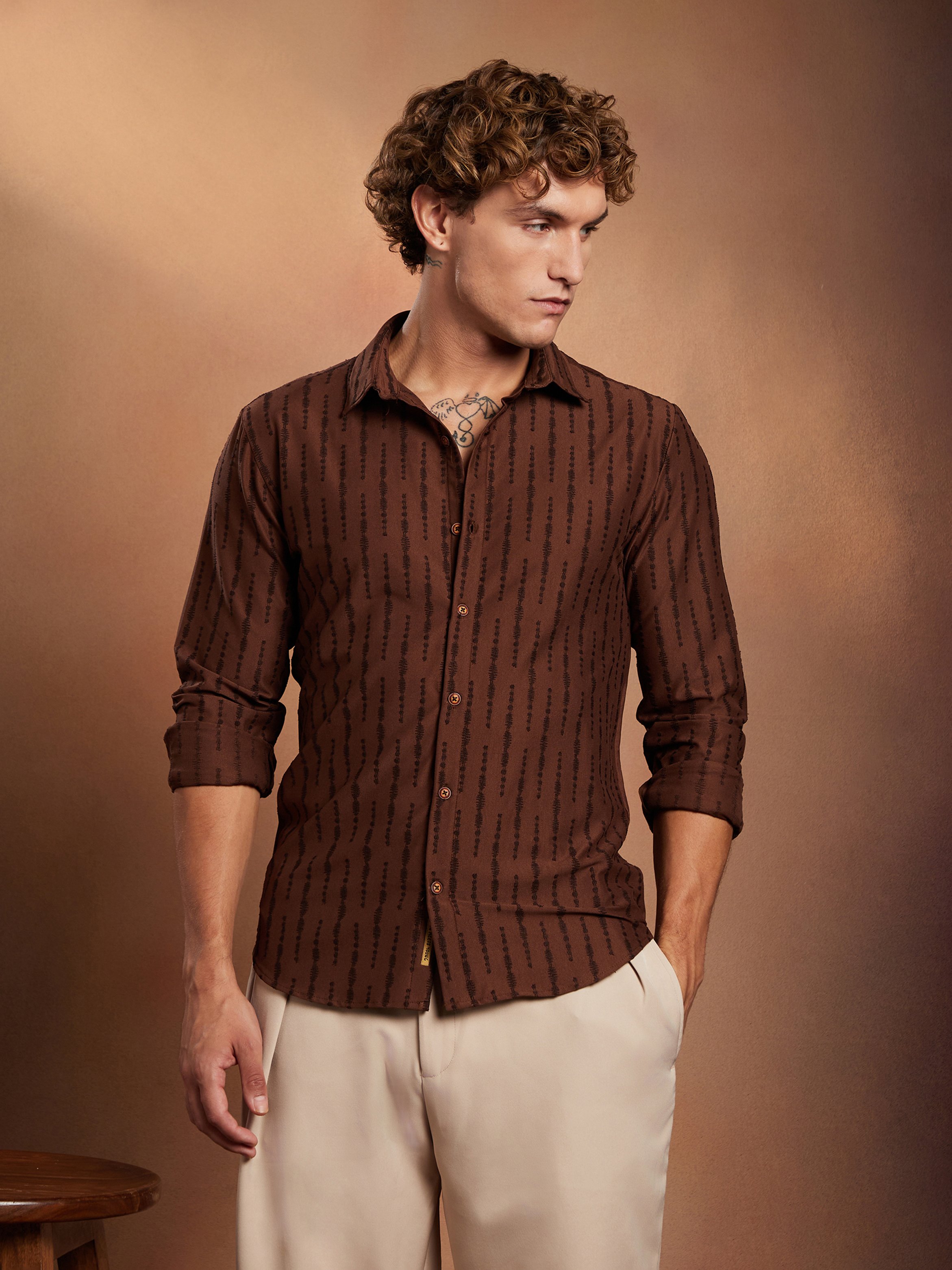 Men Chocolate Brown Textured Striped Shirt