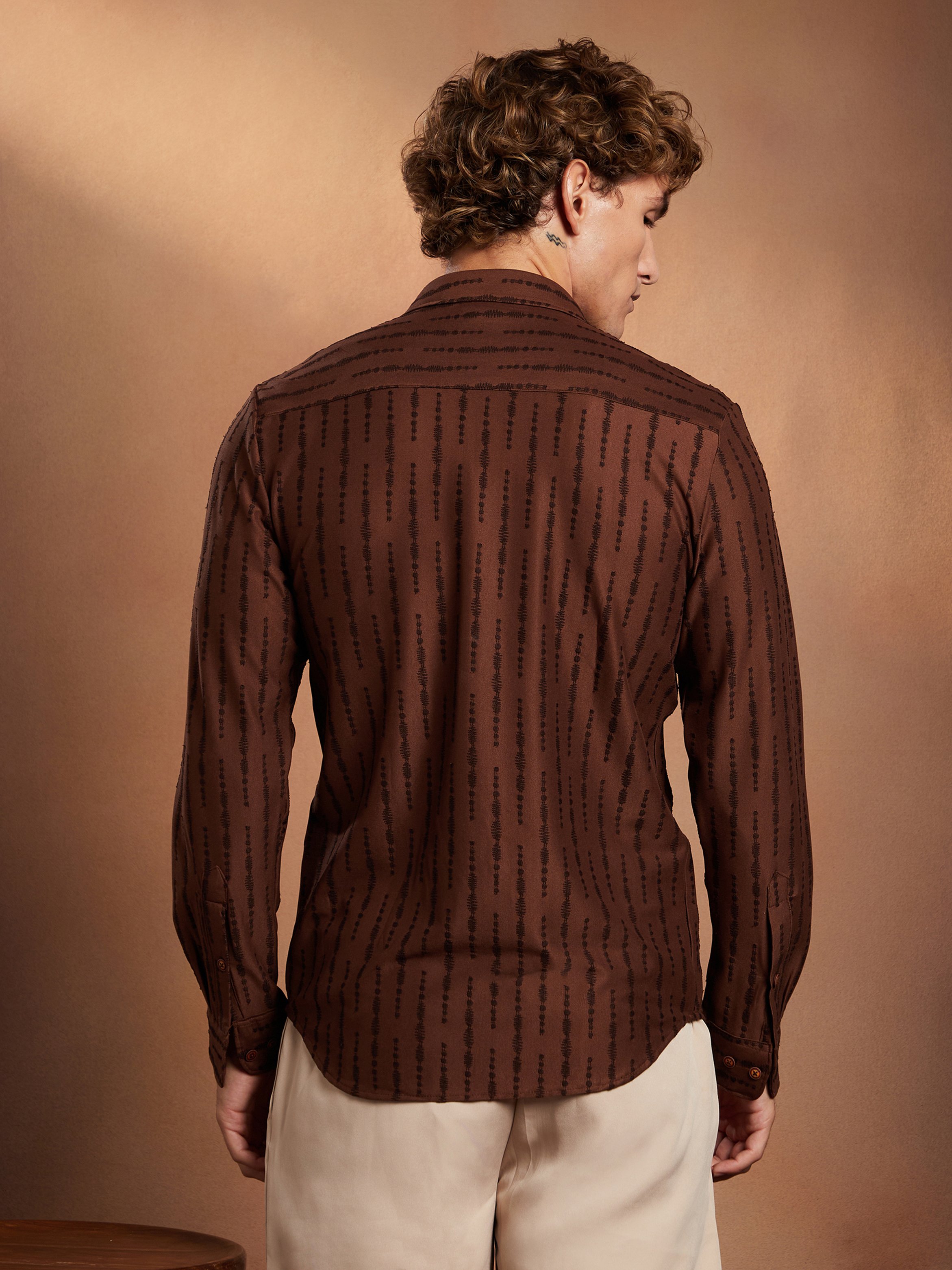 Men Chocolate Brown Textured Striped Shirt
