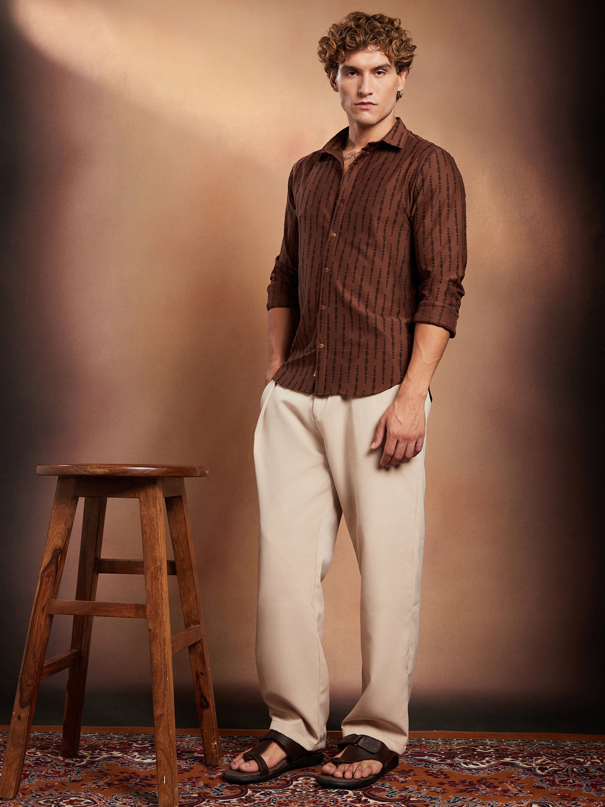 Men Chocolate Brown Textured Striped Shirt