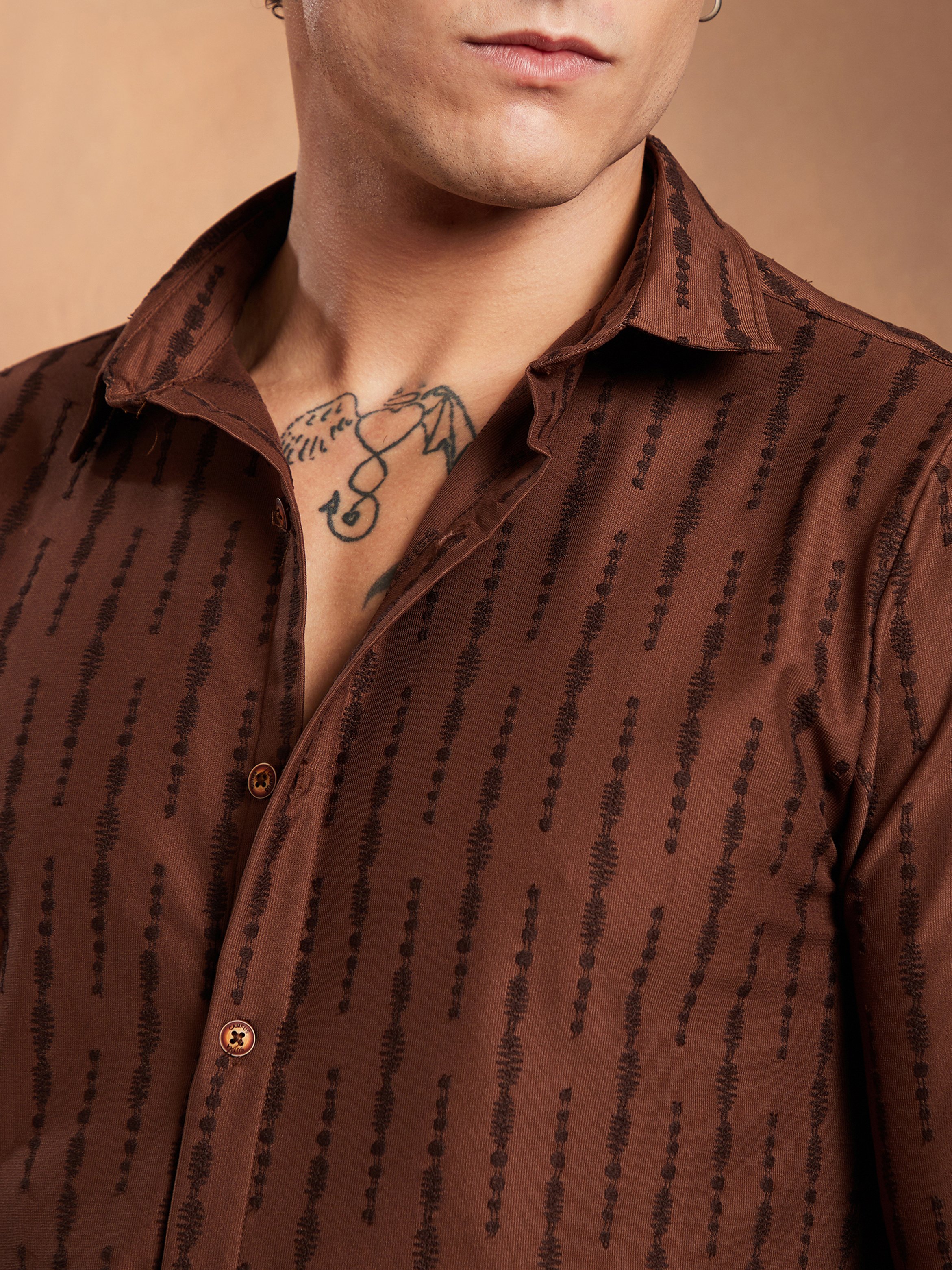 Men Chocolate Brown Textured Striped Shirt