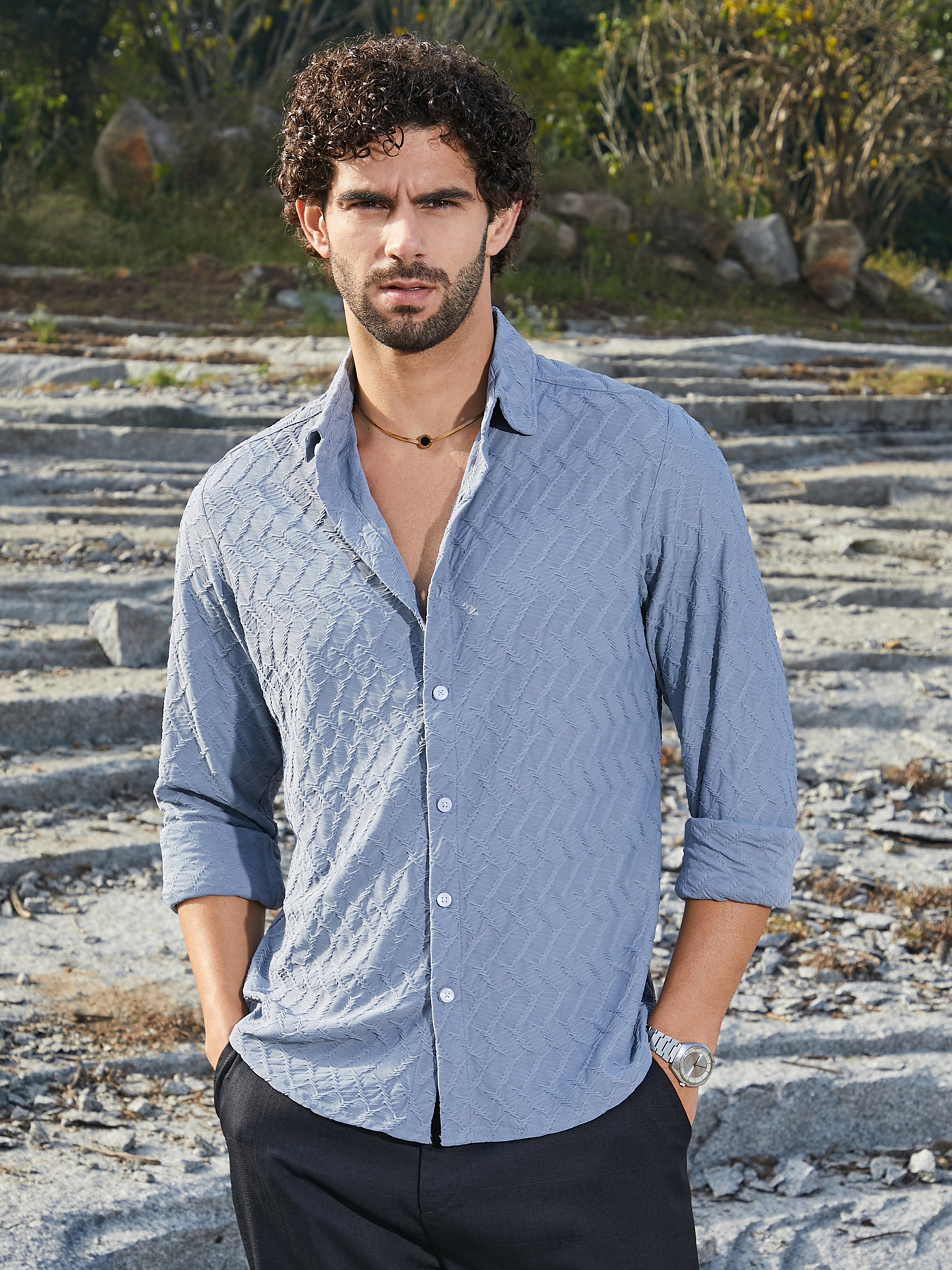 Men Blue Textured Regular Shirt