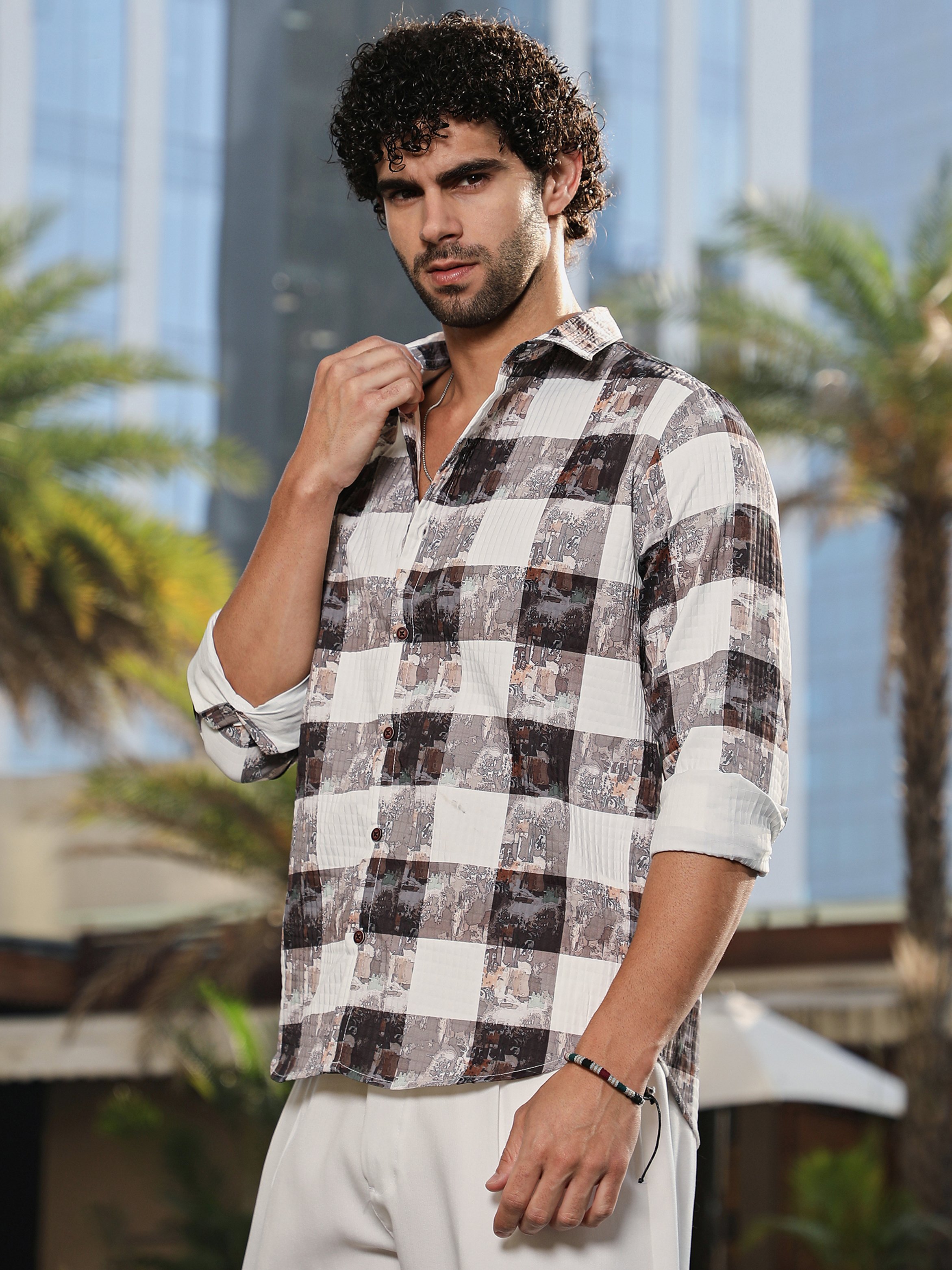 Men Coffee Brown Ivory White Blob-Buffalo Check Shirt