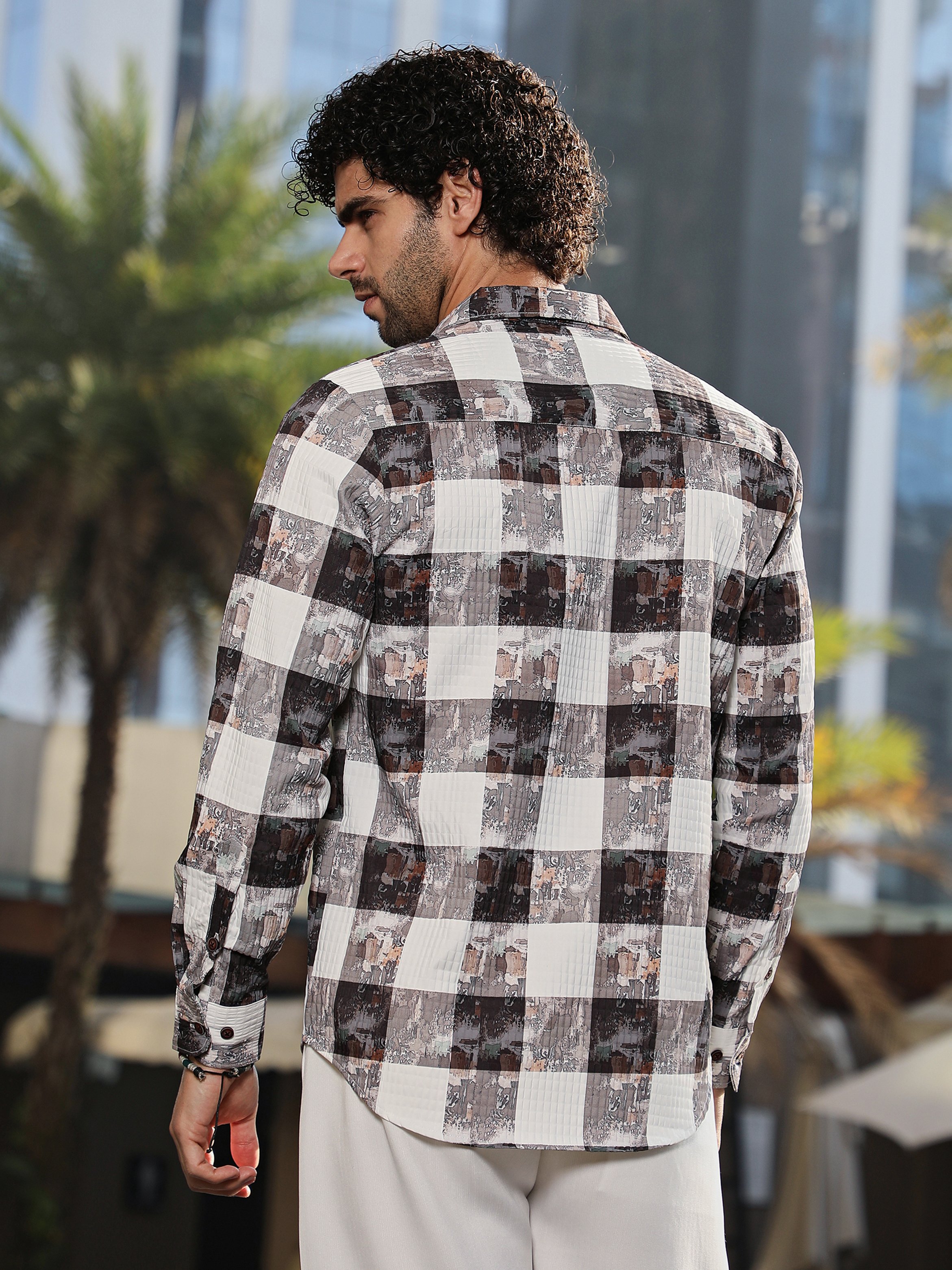 Men Coffee Brown Ivory White Blob-Buffalo Check Shirt