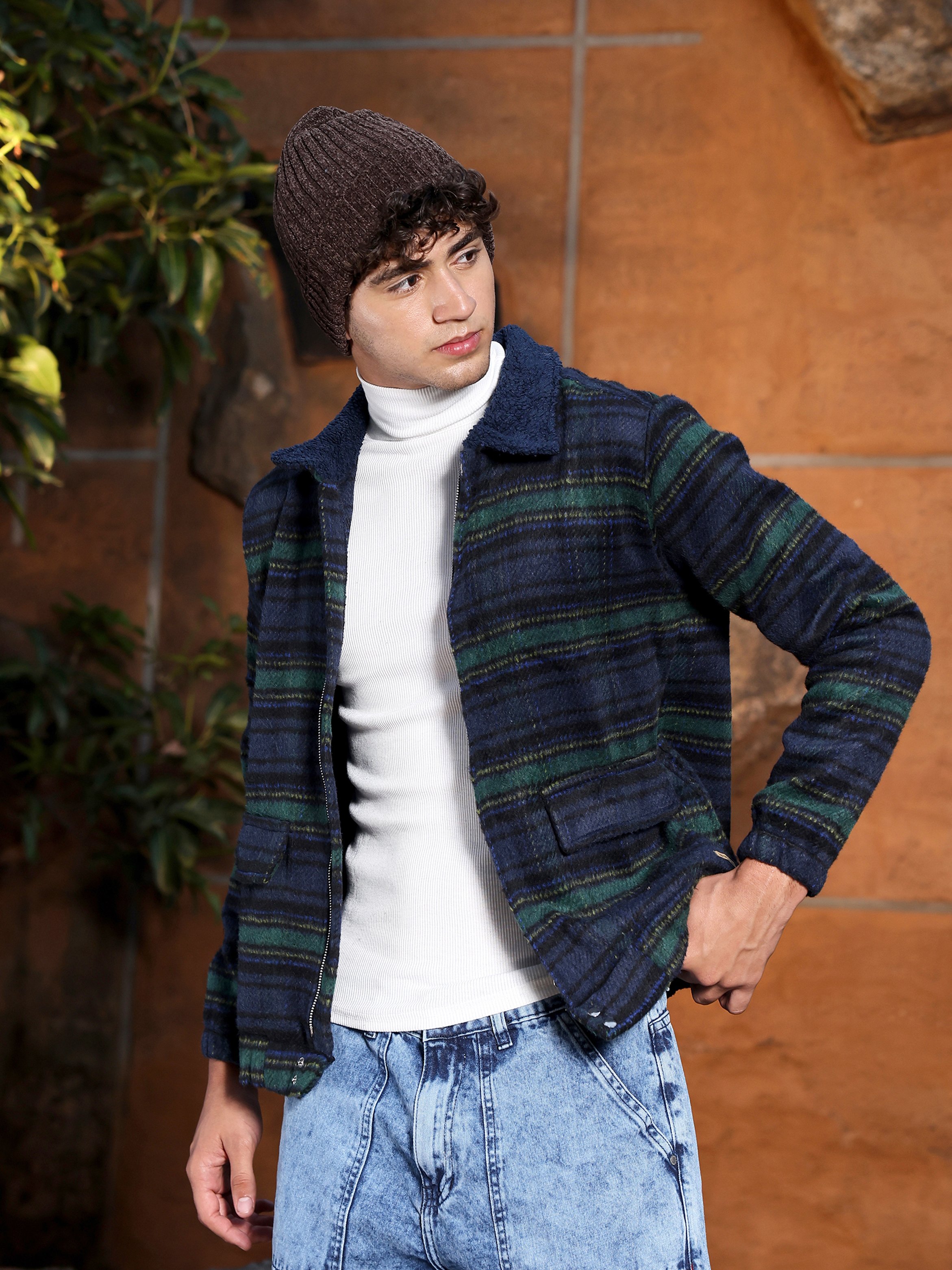 Men Navy Blue Striped-Jacquard Sherpa-Lined Jacket
