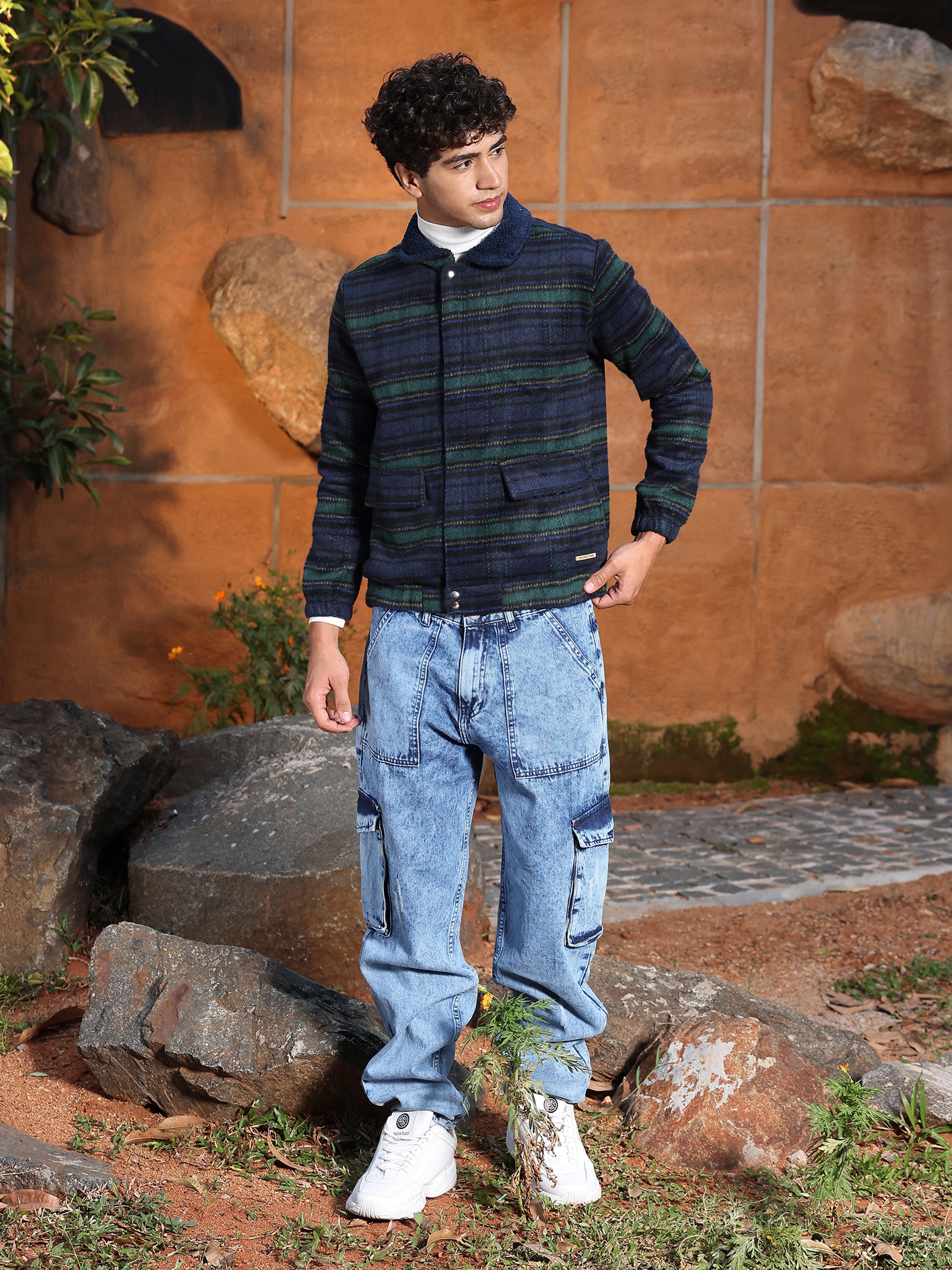 Men Navy Blue Striped-Jacquard Sherpa-Lined Jacket
