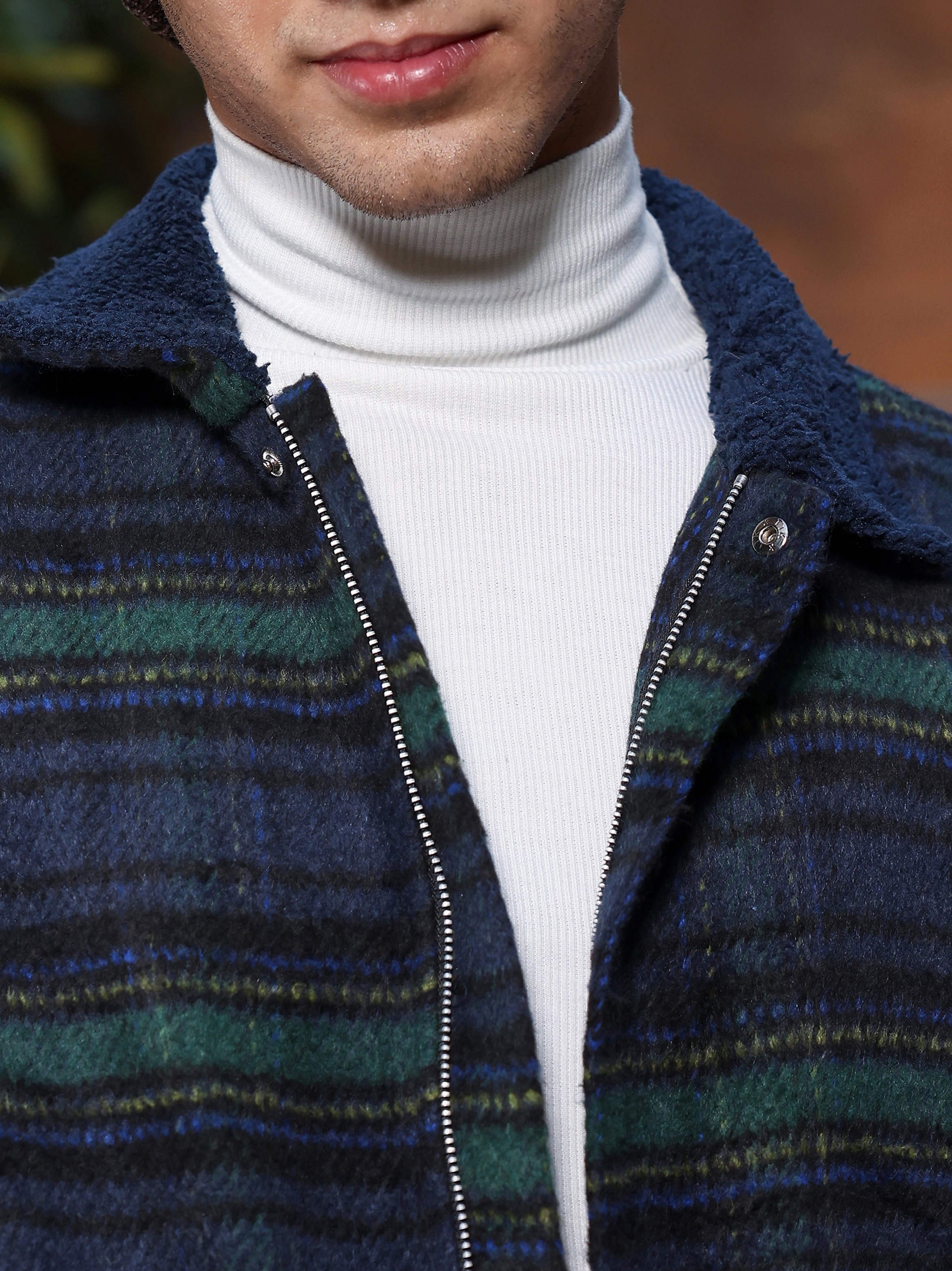 Men Navy Blue Striped-Jacquard Sherpa-Lined Jacket