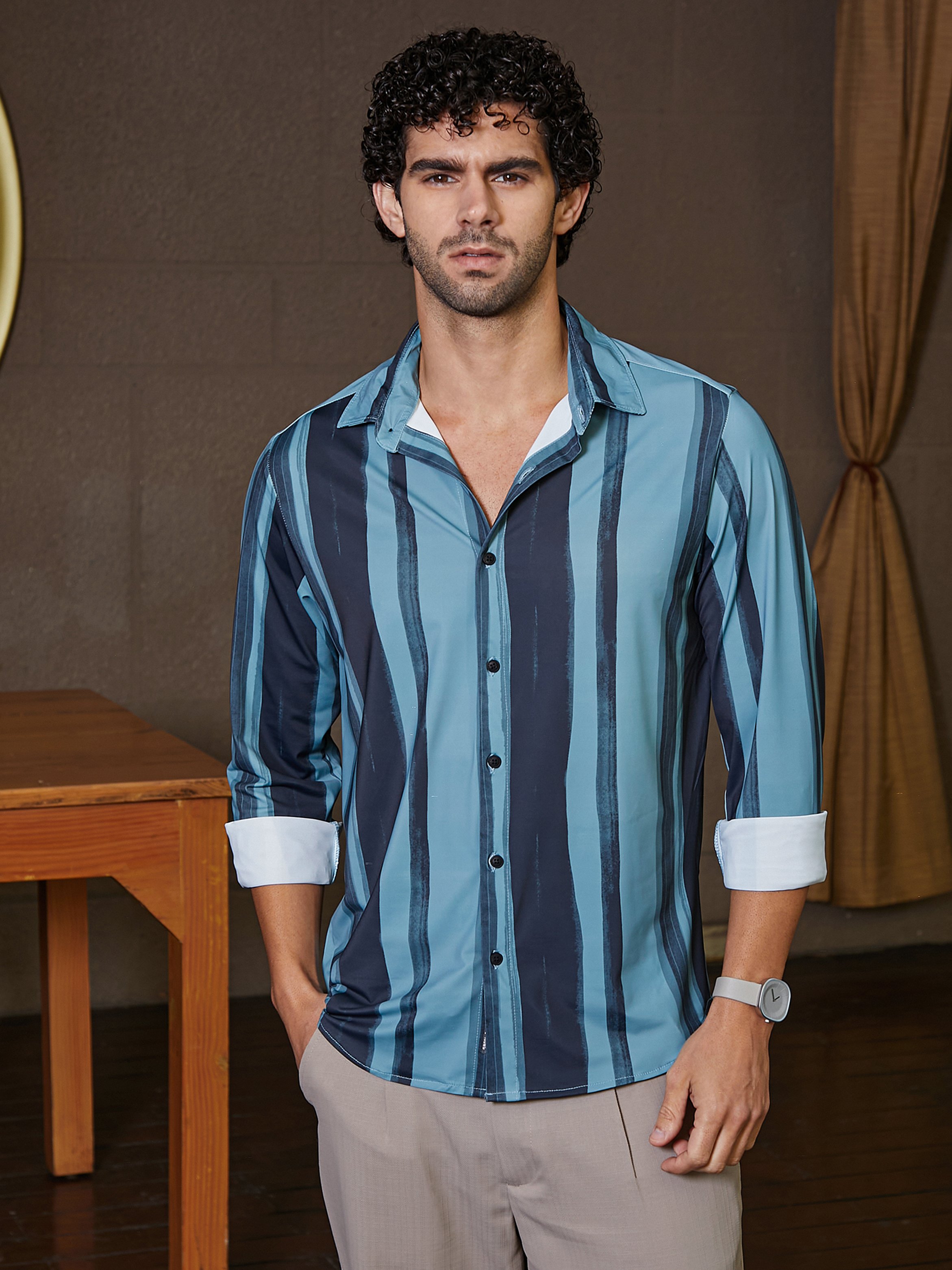Men Brushstroke Pattern Spread Collar Shirt