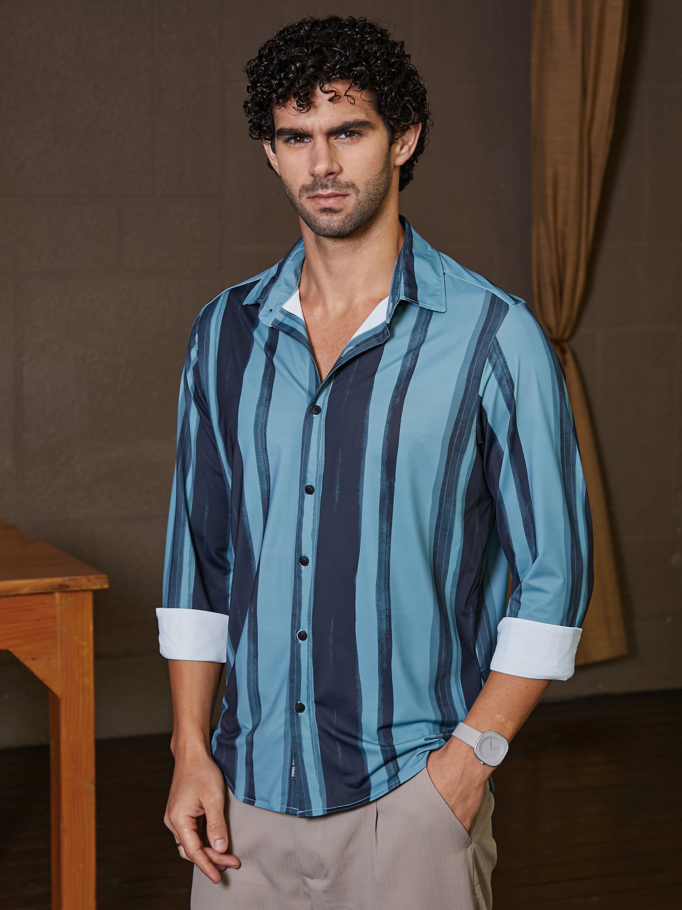 Men Brushstroke Pattern Spread Collar Shirt