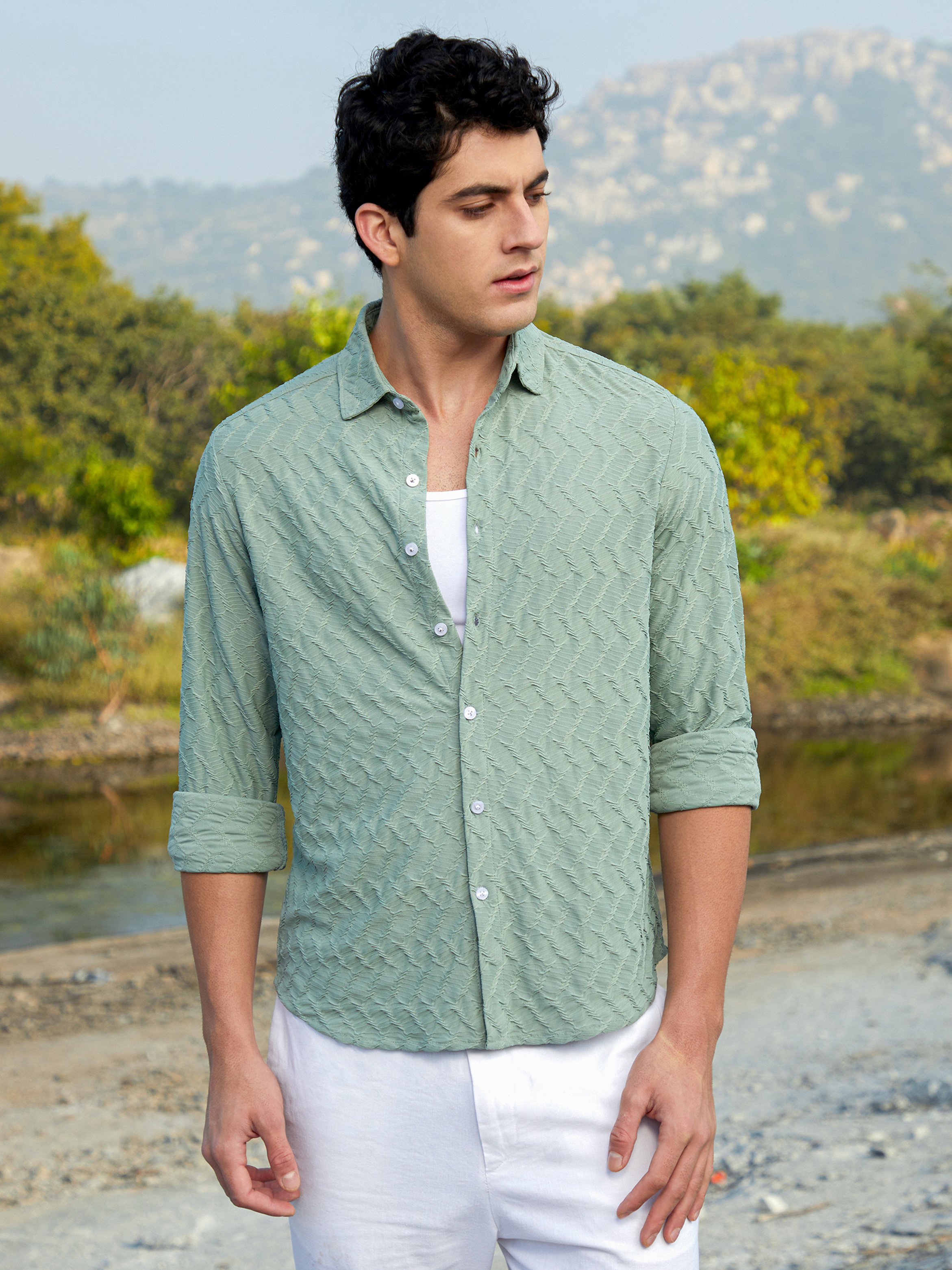 Men Mint Green Textured Regular Shirt