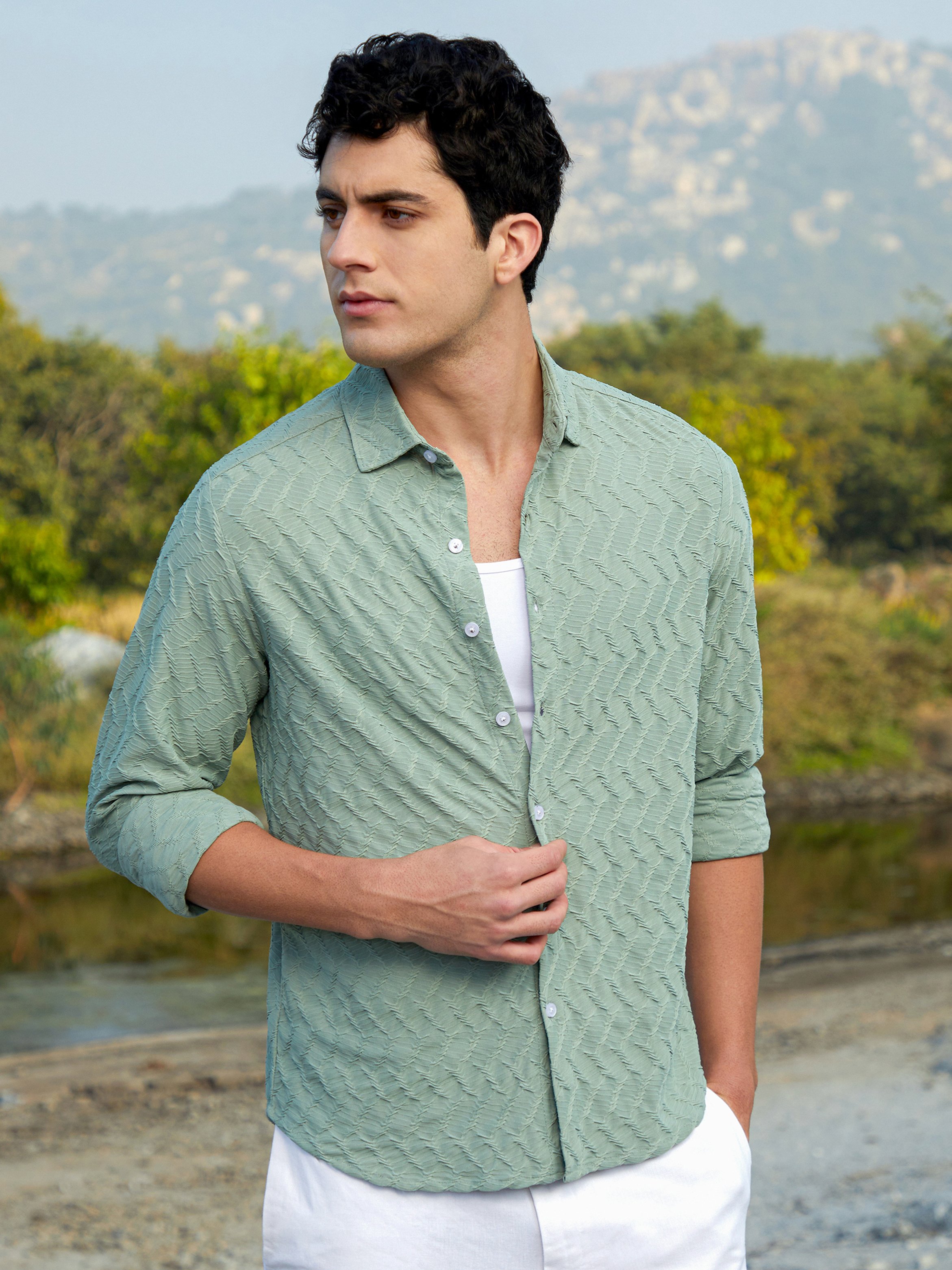 Men Mint Green Textured Regular Shirt