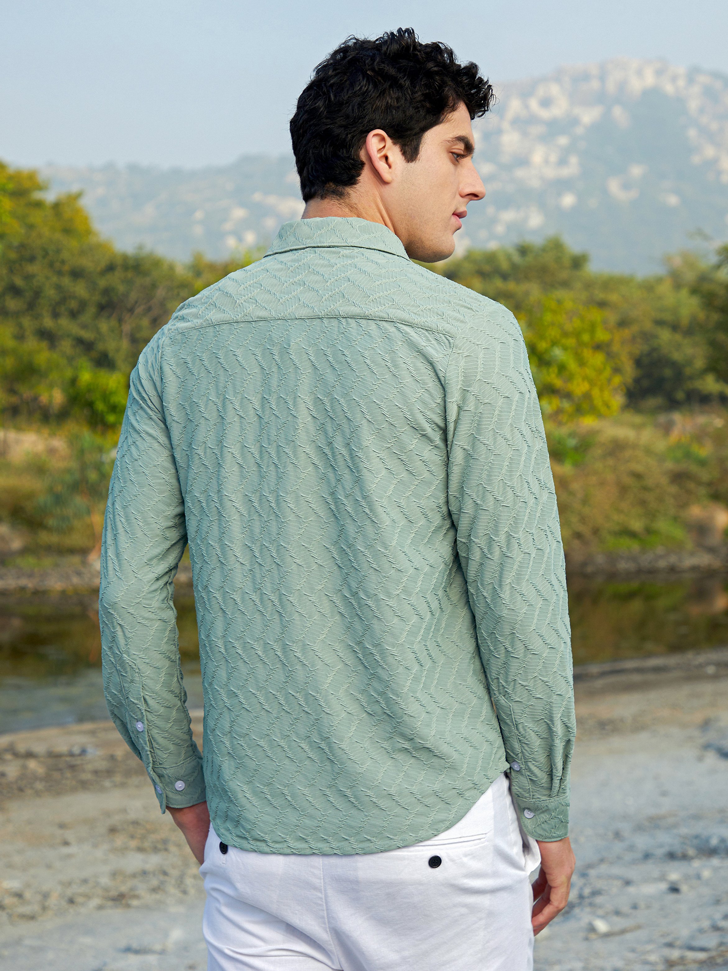 Men Mint Green Textured Regular Shirt