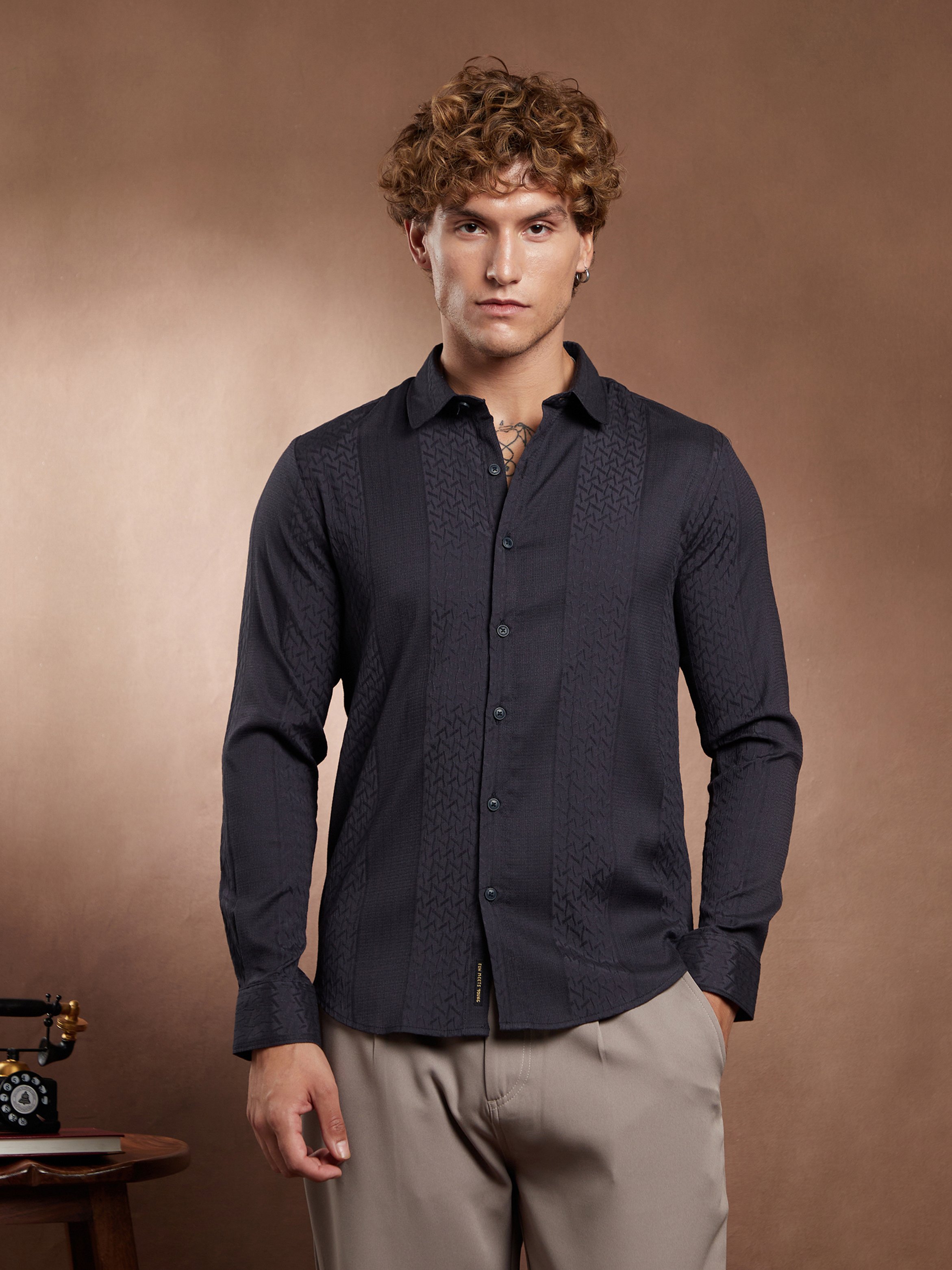 Men Onyx Black Tactile-Panel Shirt