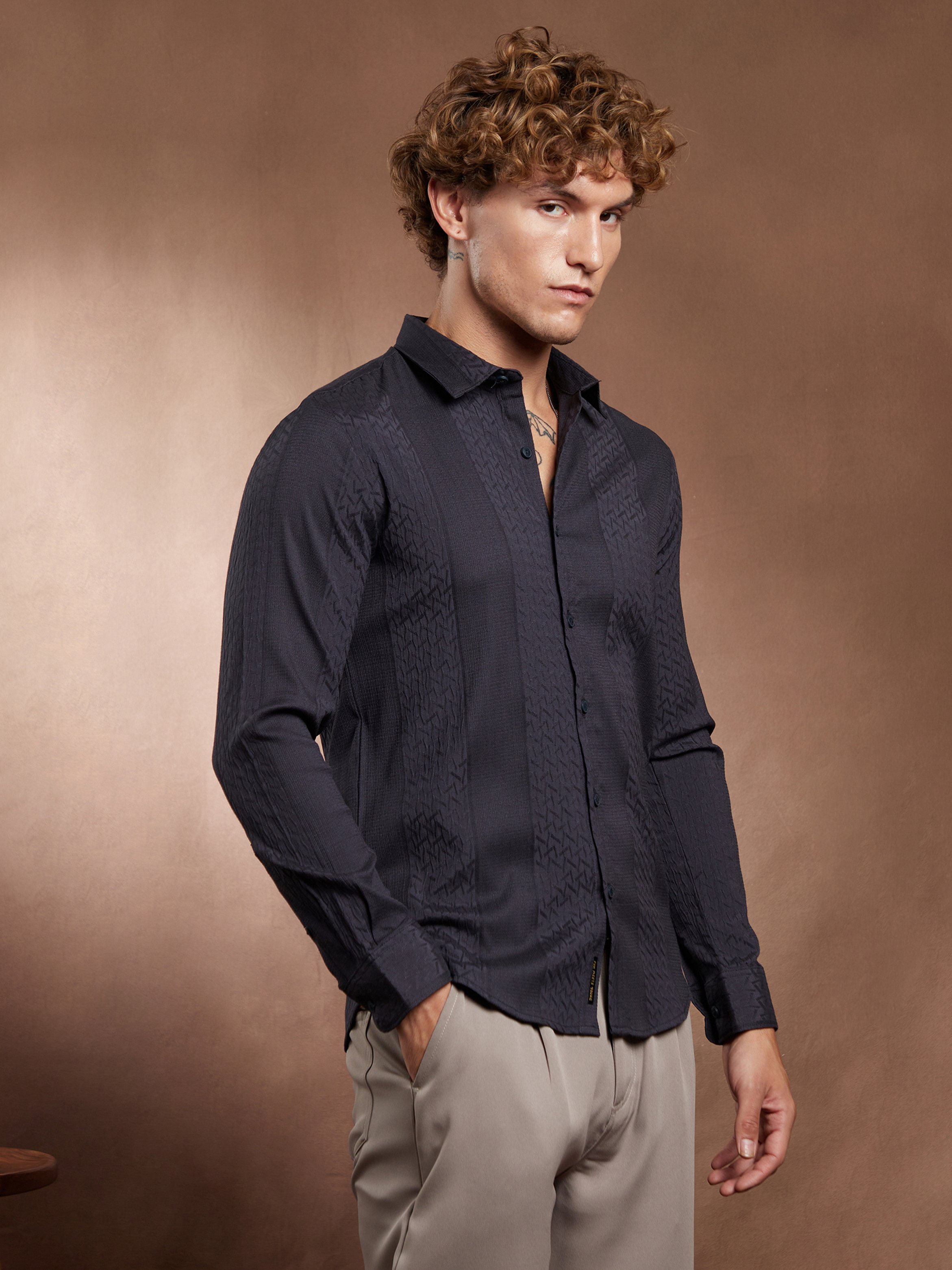 Men Onyx Black Tactile-Panel Shirt