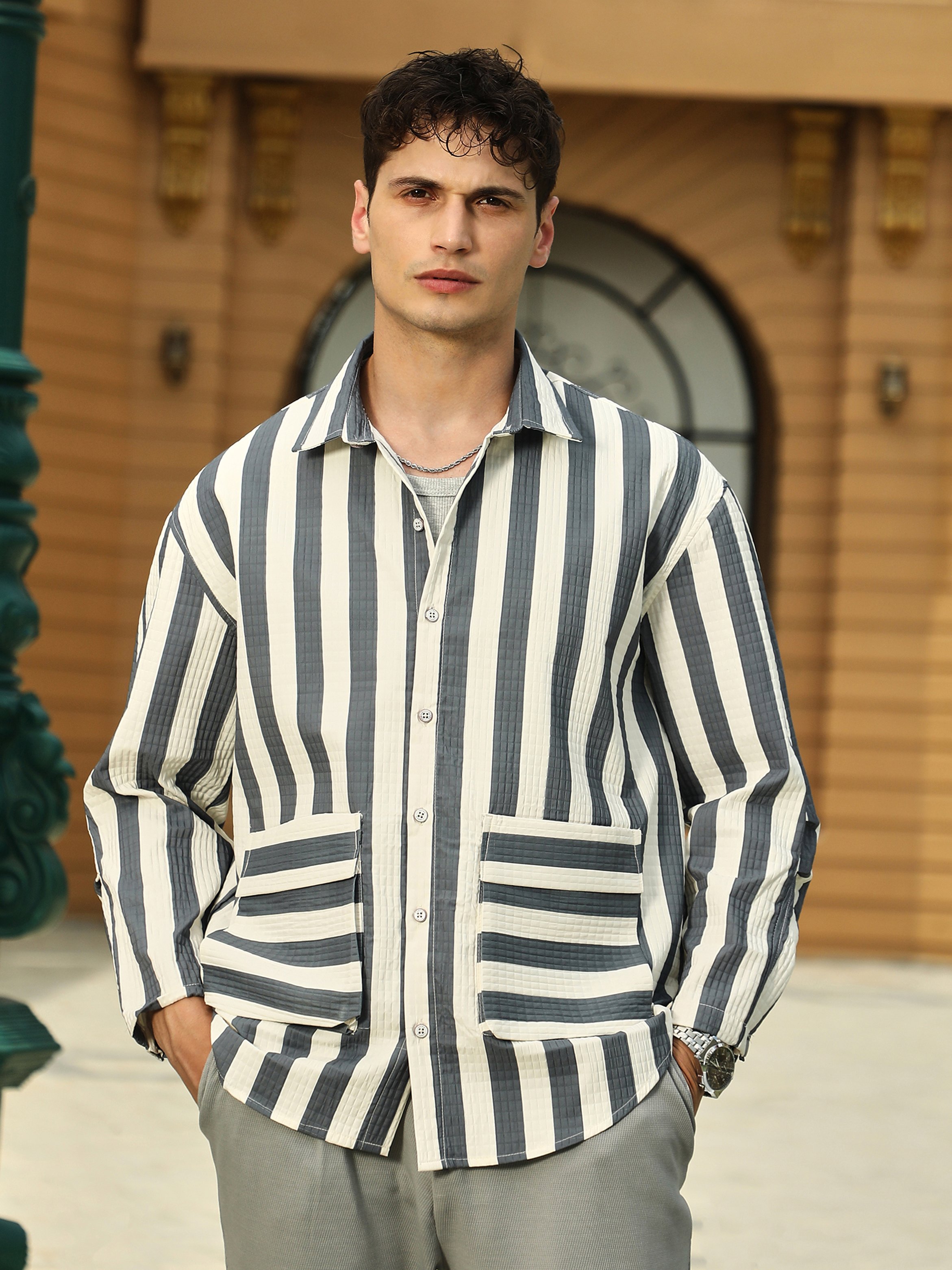 Men Moon Grey Cream Candy-Striped Utility Oversized Shirt