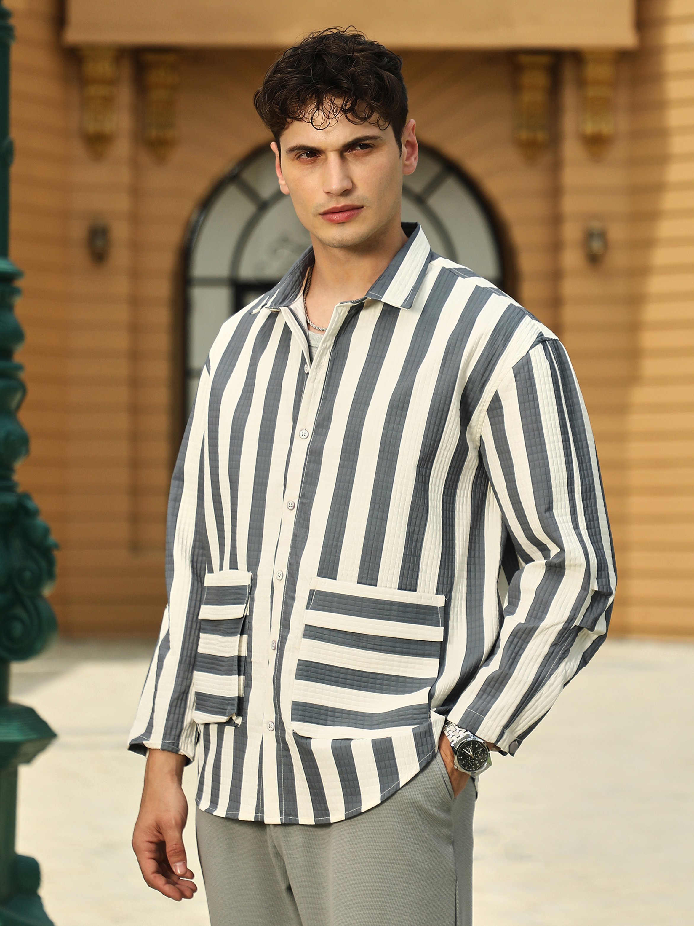 Men Moon Grey Cream Candy-Striped Utility Oversized Shirt
