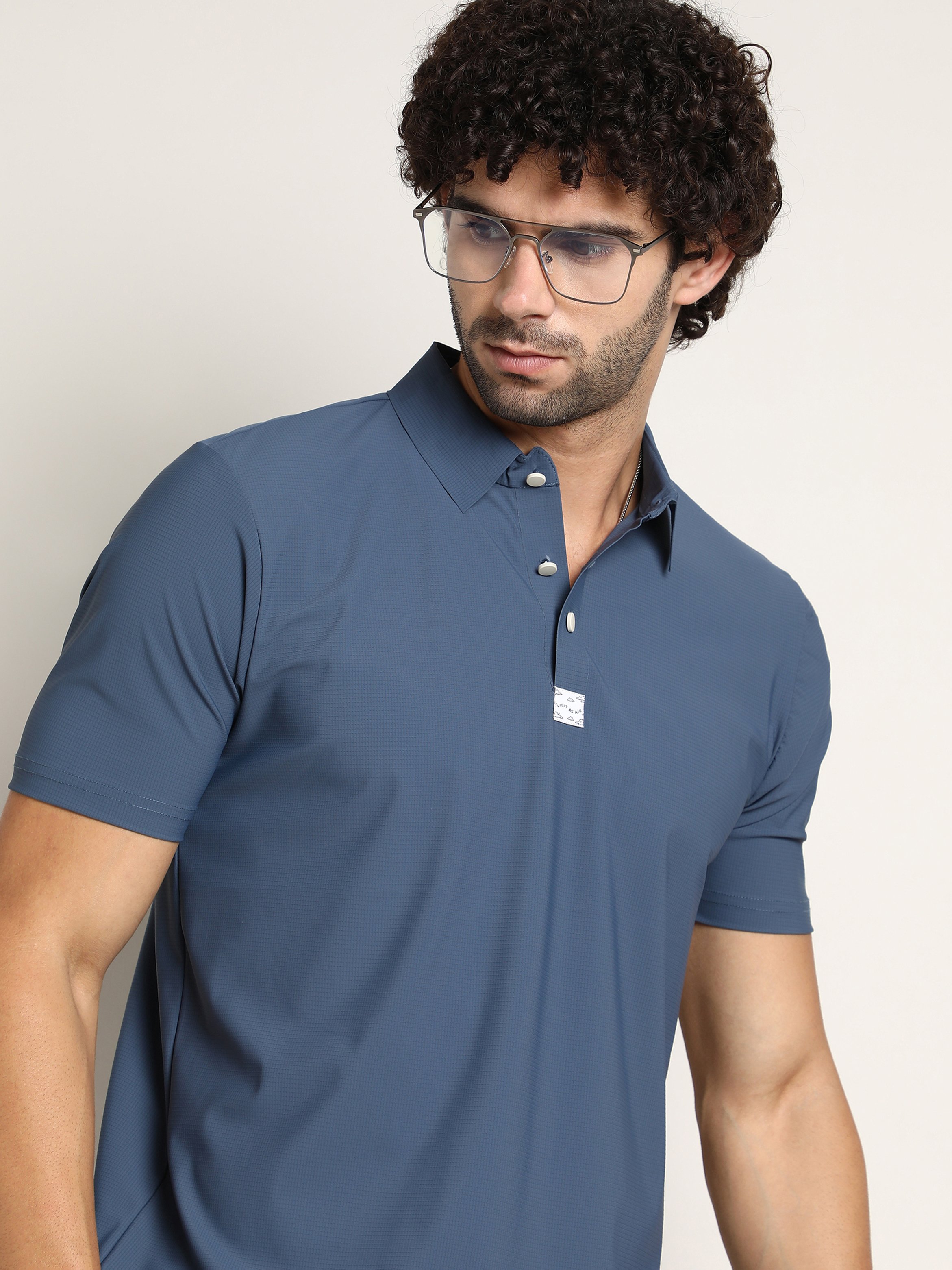 Men Blue Seamless Waffle Polo T-Shirt
