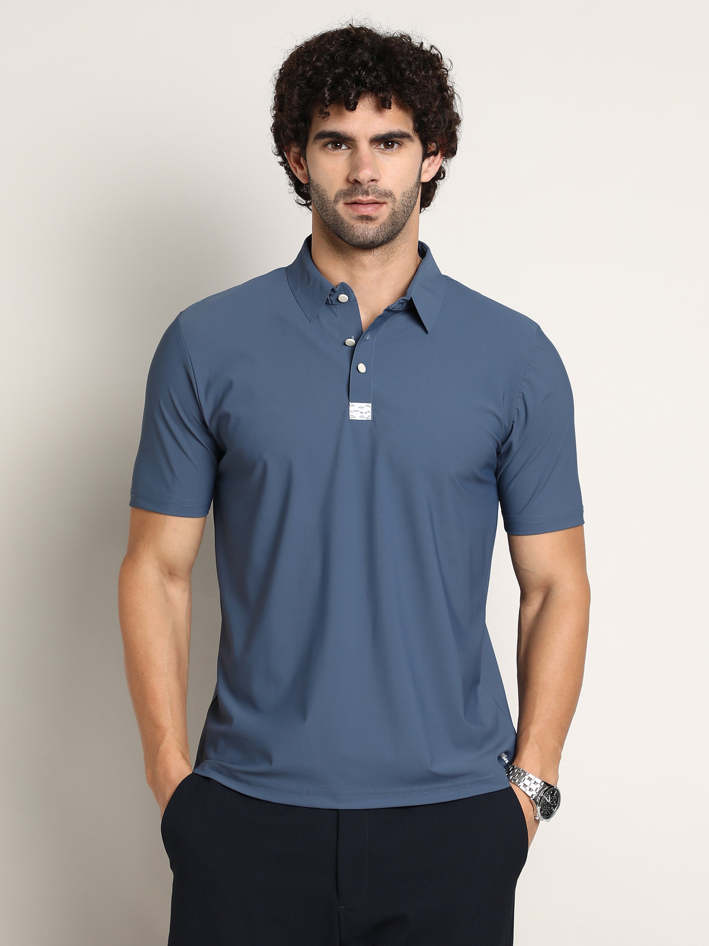 Men Blue Seamless Waffle Polo T-Shirt