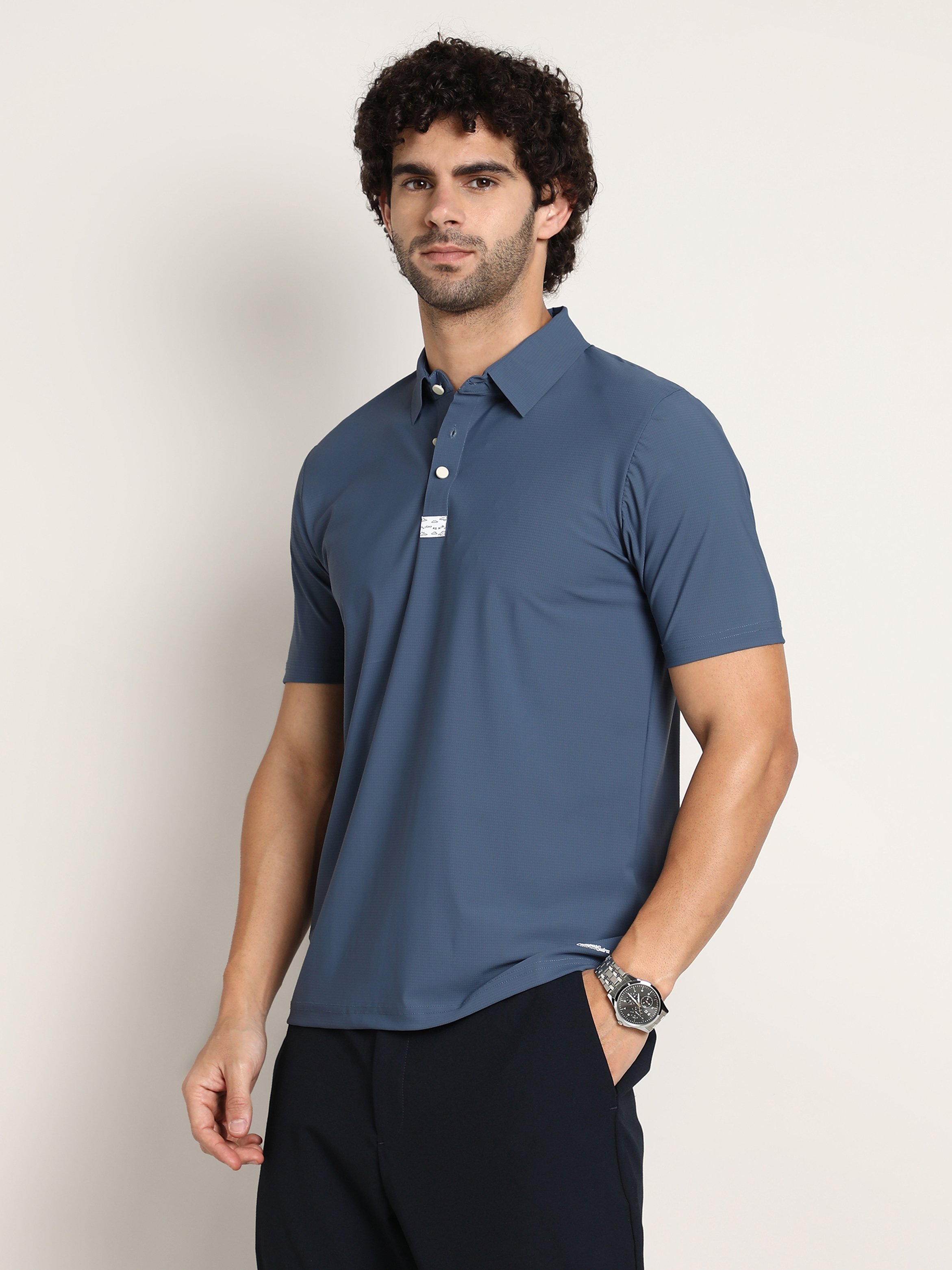 Men Blue Seamless Waffle Polo T-Shirt