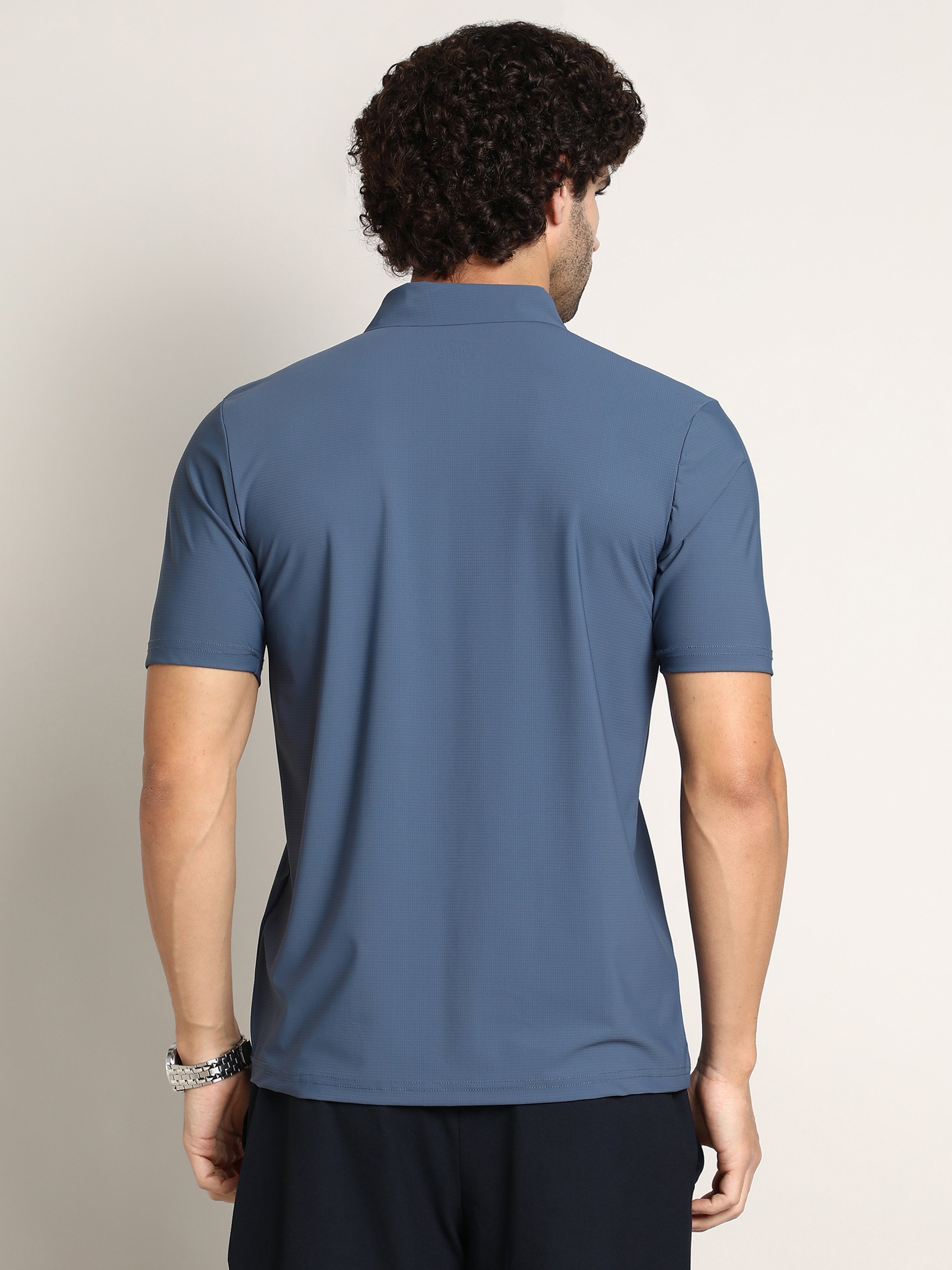 Men Blue Seamless Waffle Polo T-Shirt