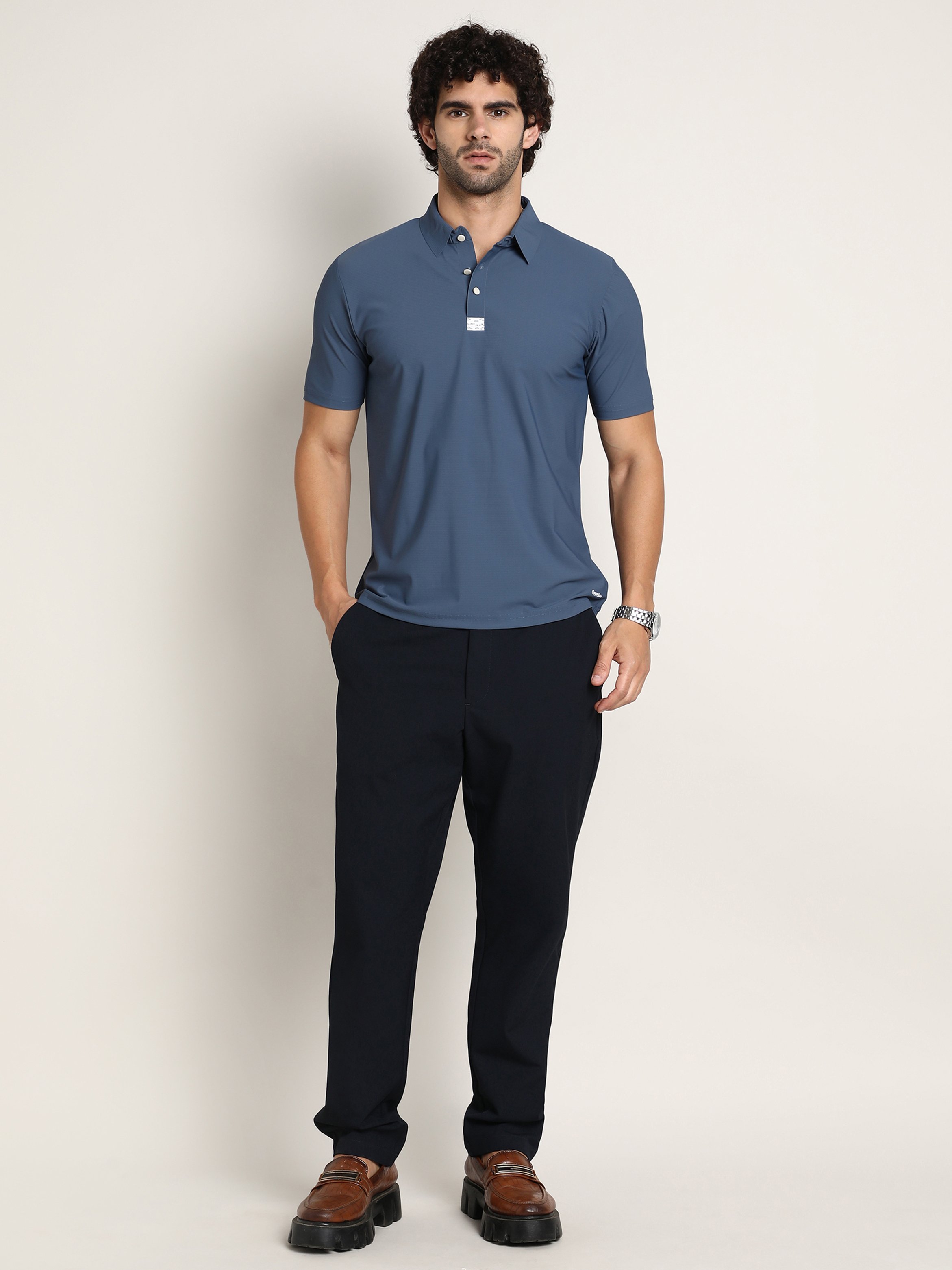 Men Blue Seamless Waffle Polo T-Shirt