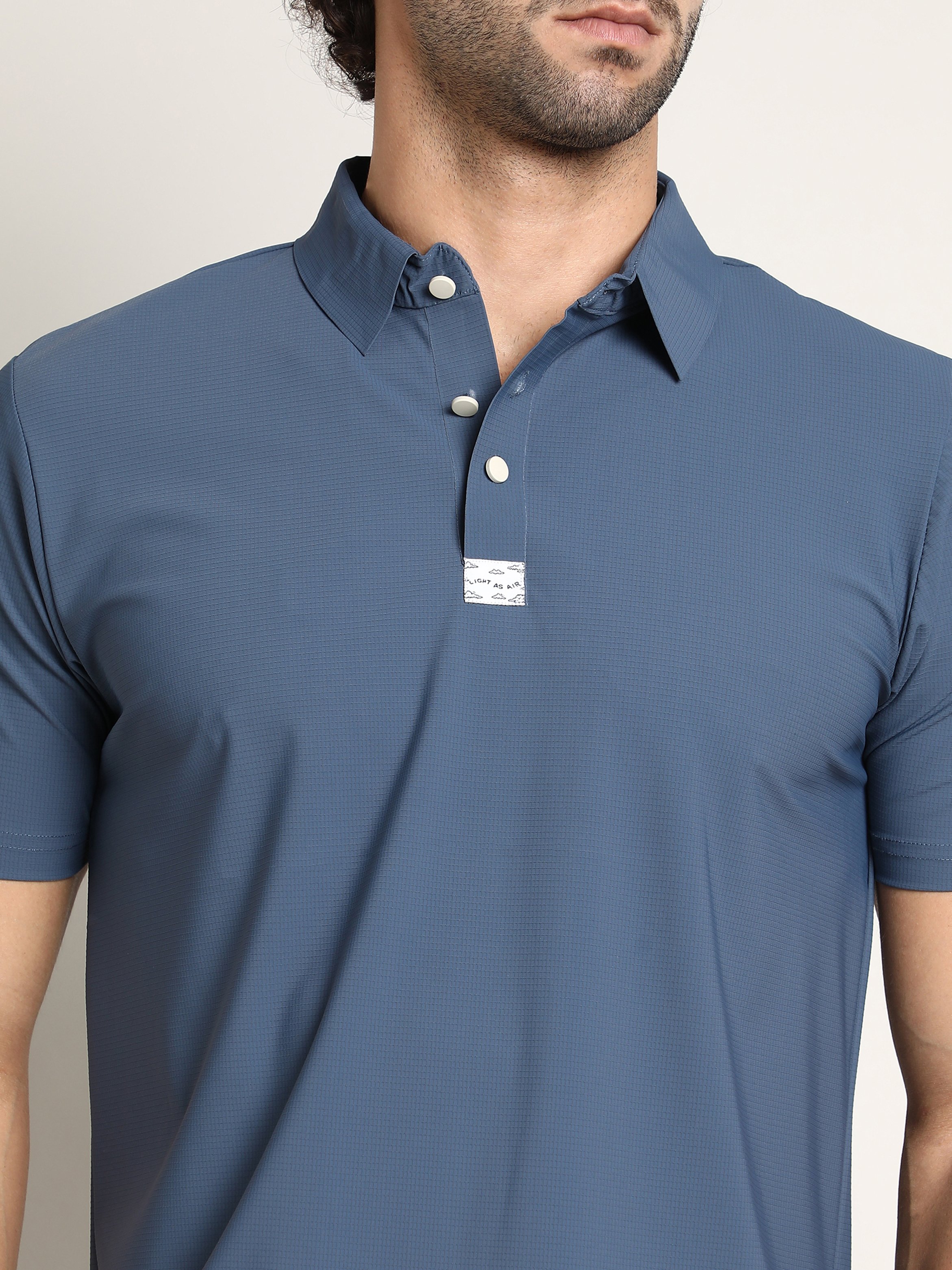 Men Blue Seamless Waffle Polo T-Shirt