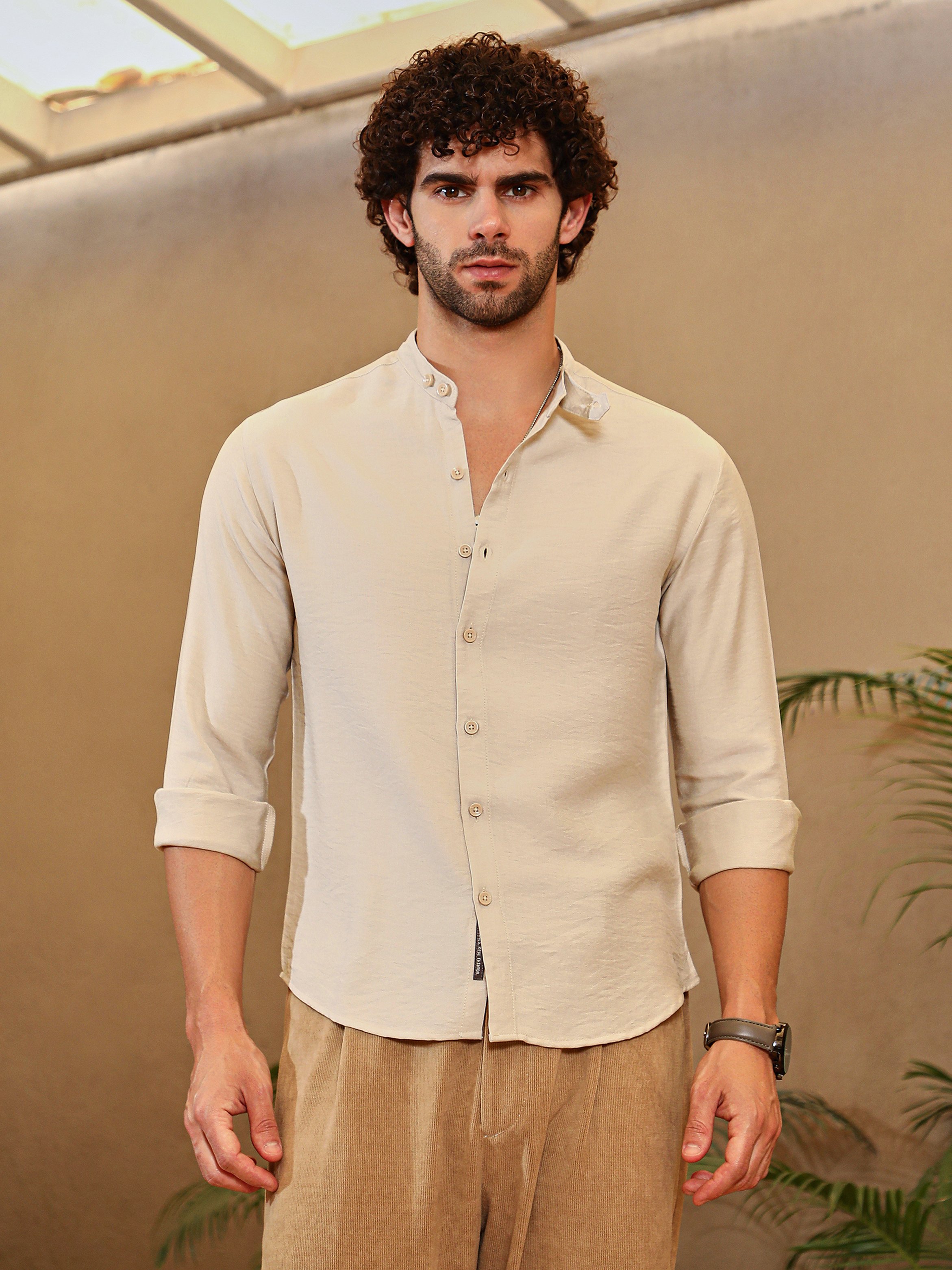 Men Beige Solid Mandarin Collar Shirt