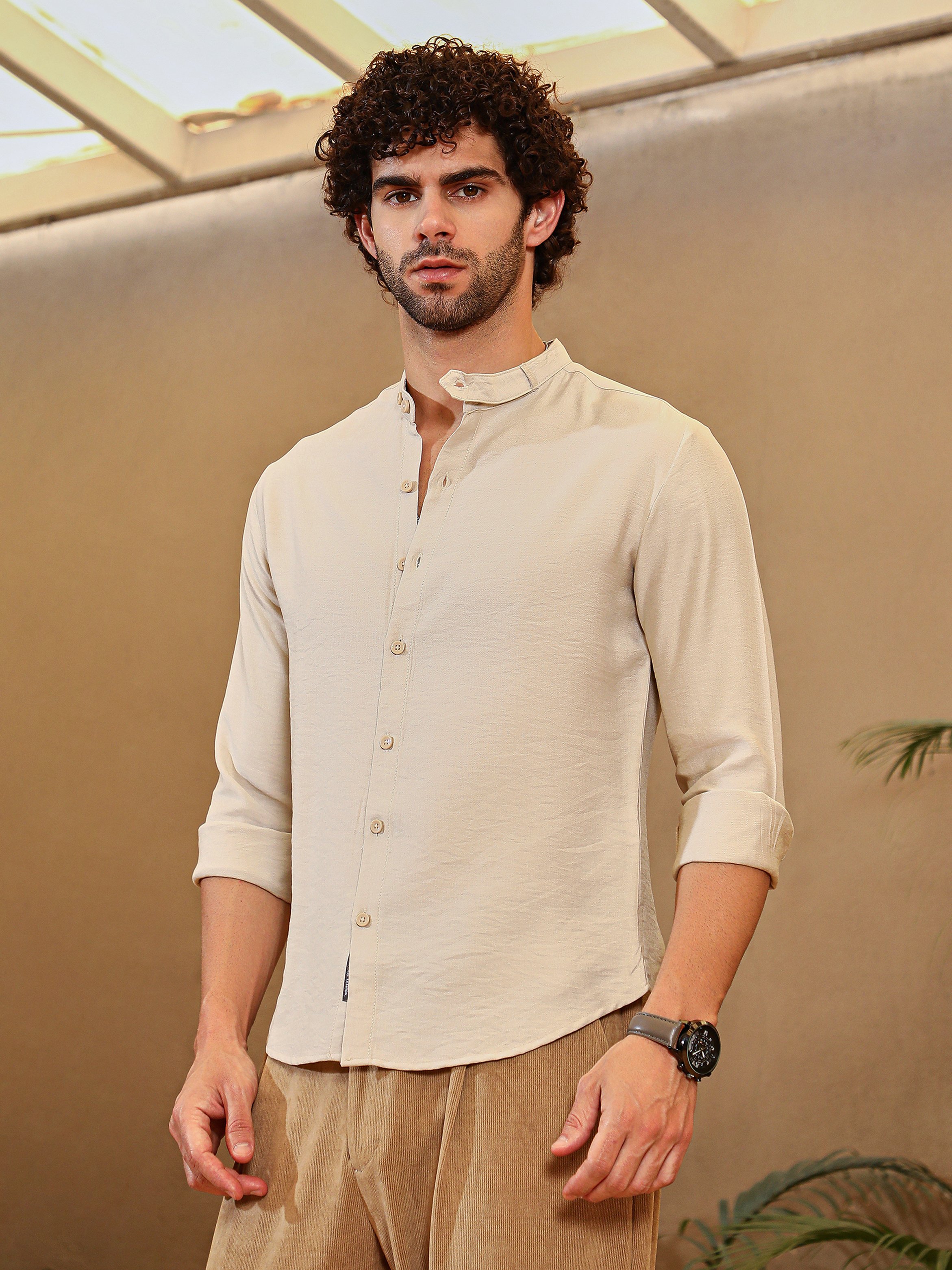 Men Beige Solid Mandarin Collar Shirt