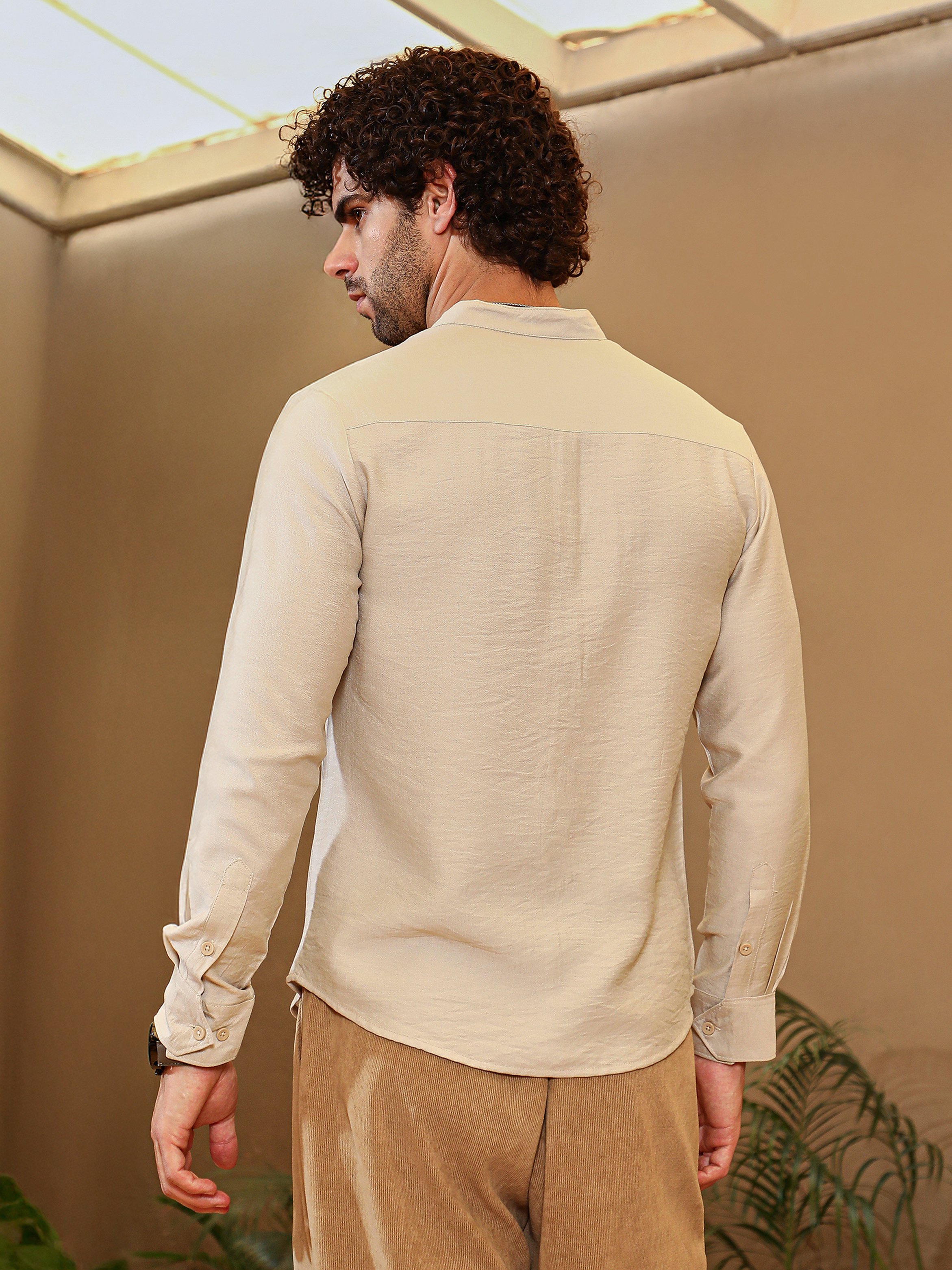Men Beige Solid Mandarin Collar Shirt