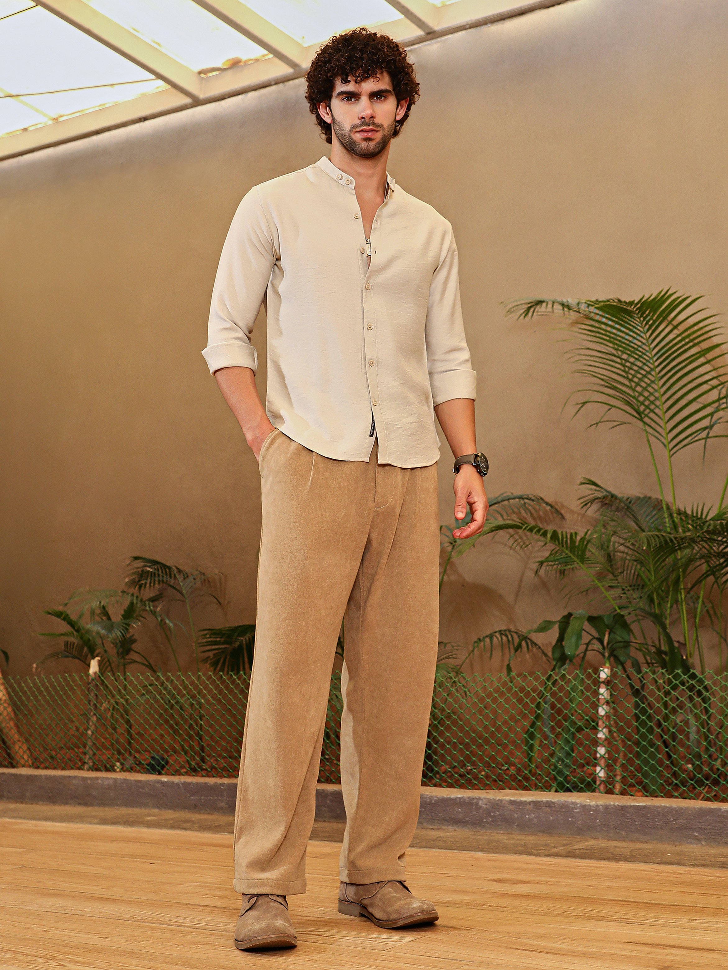 Men Beige Solid Mandarin Collar Shirt