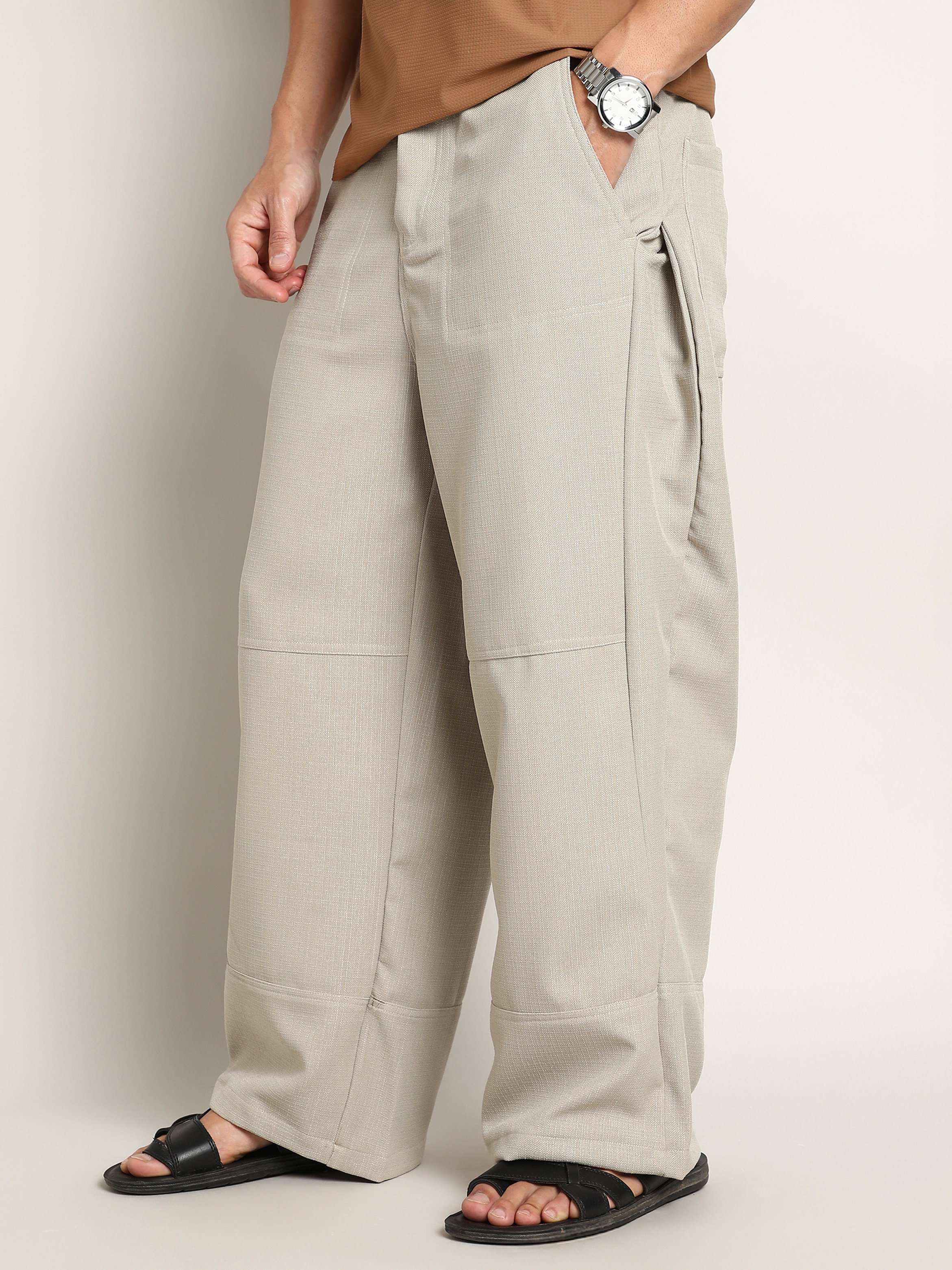 Men Saltbox Beige Panelled Baggy Cargo Trousers