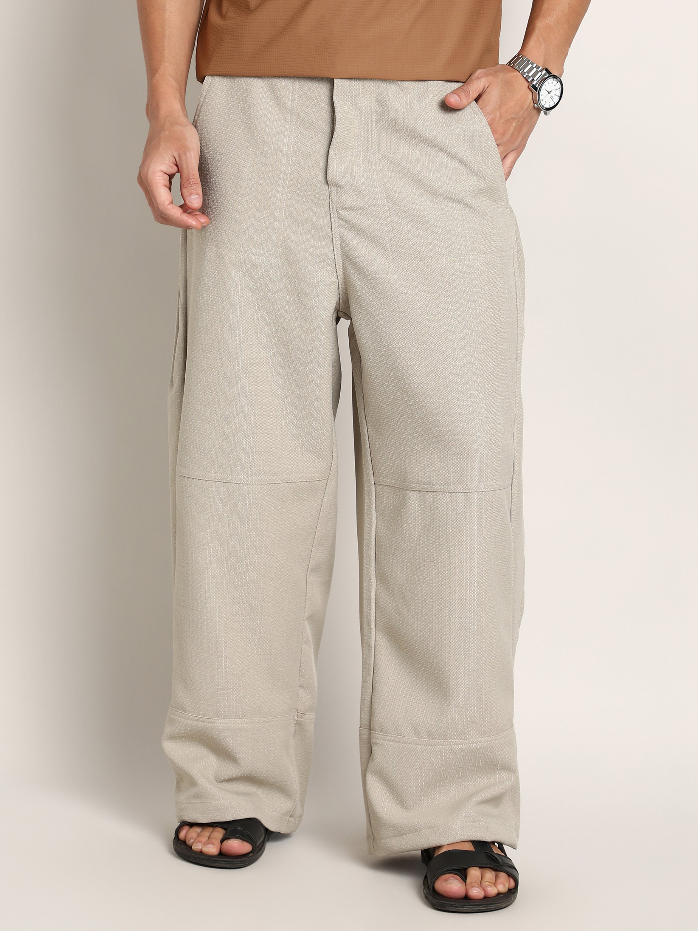 Men Saltbox Beige Panelled Baggy Cargo Trousers