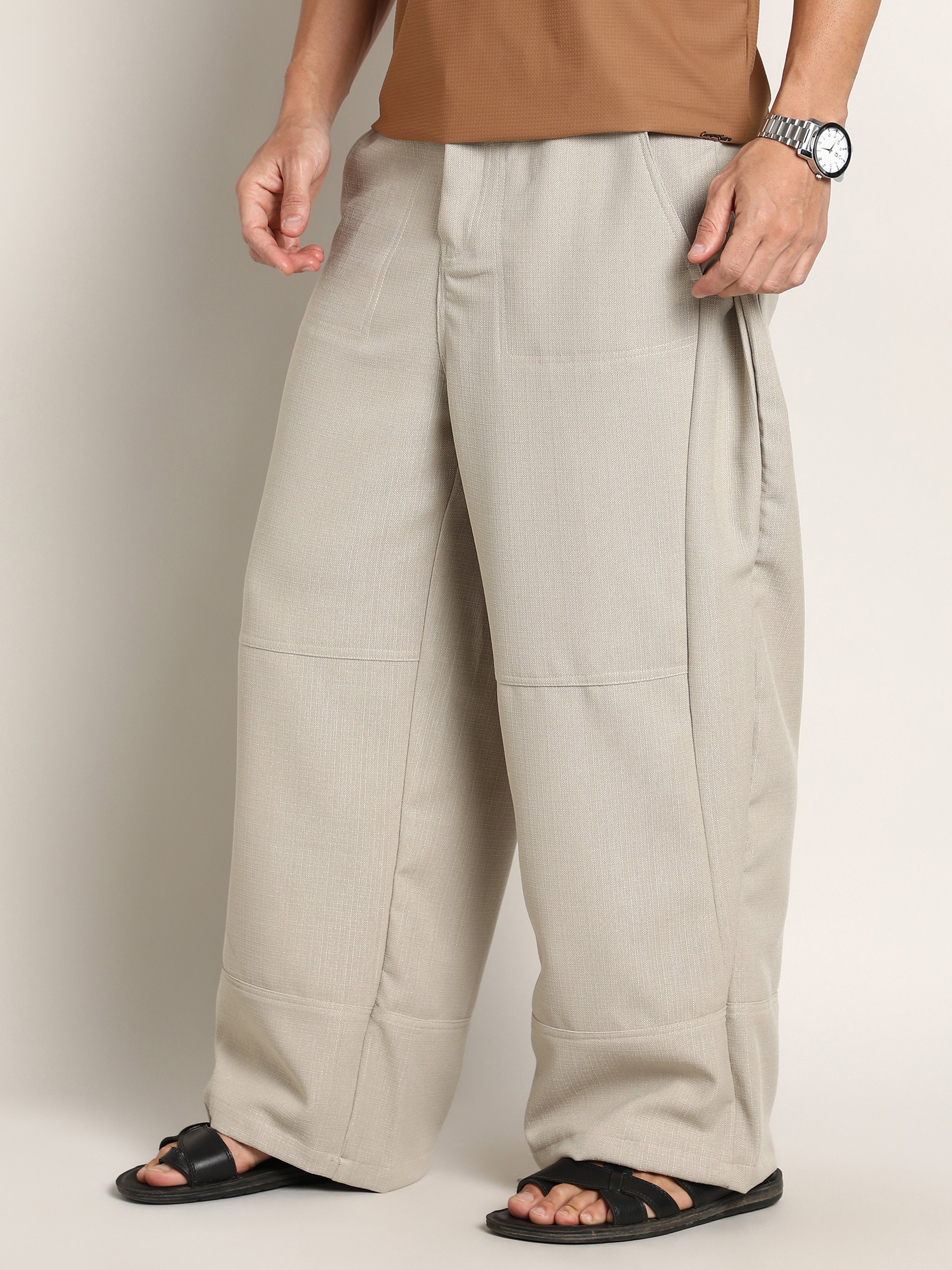 Men Saltbox Beige Panelled Baggy Cargo Trousers