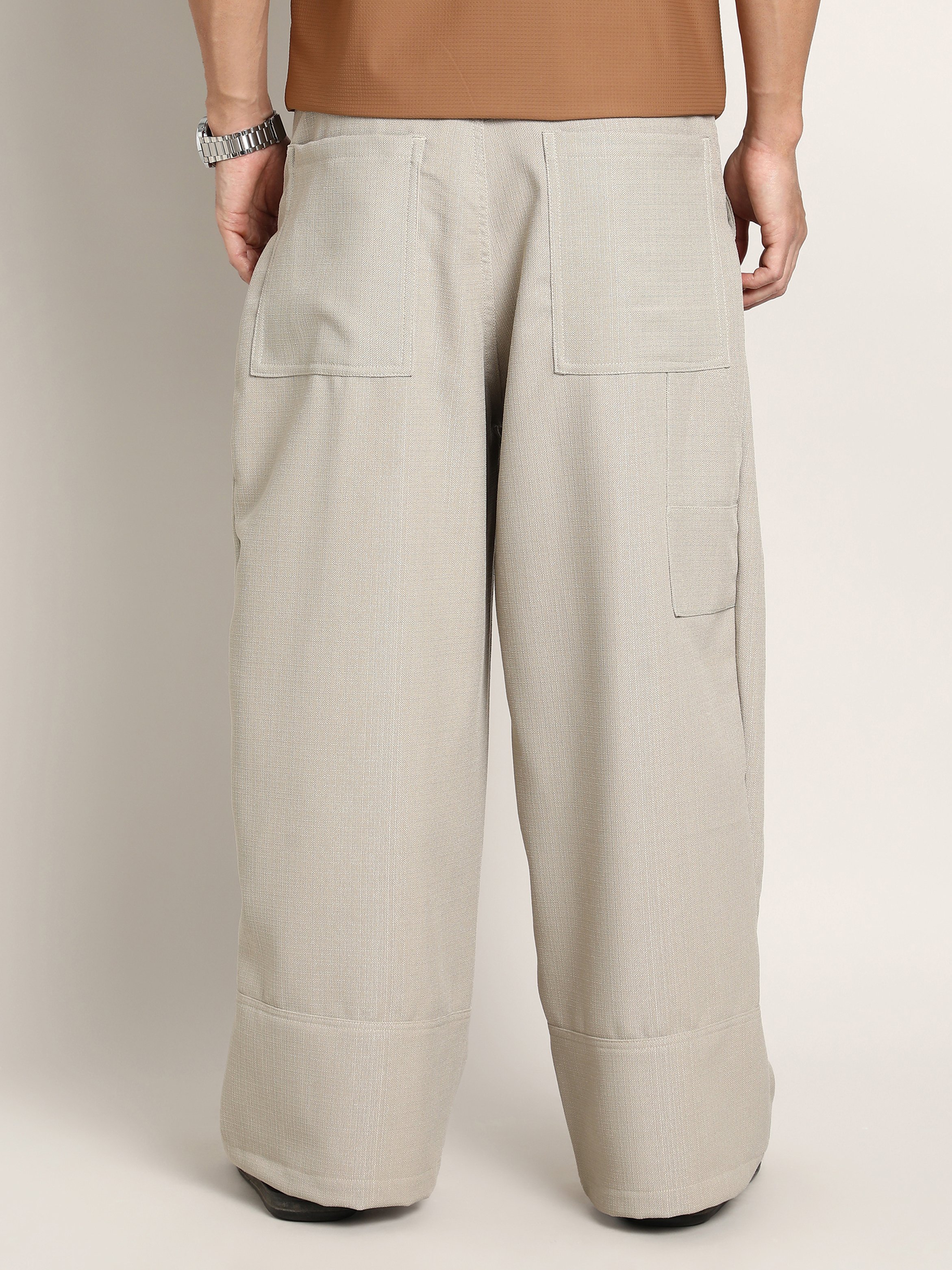 Men Saltbox Beige Panelled Baggy Cargo Trousers