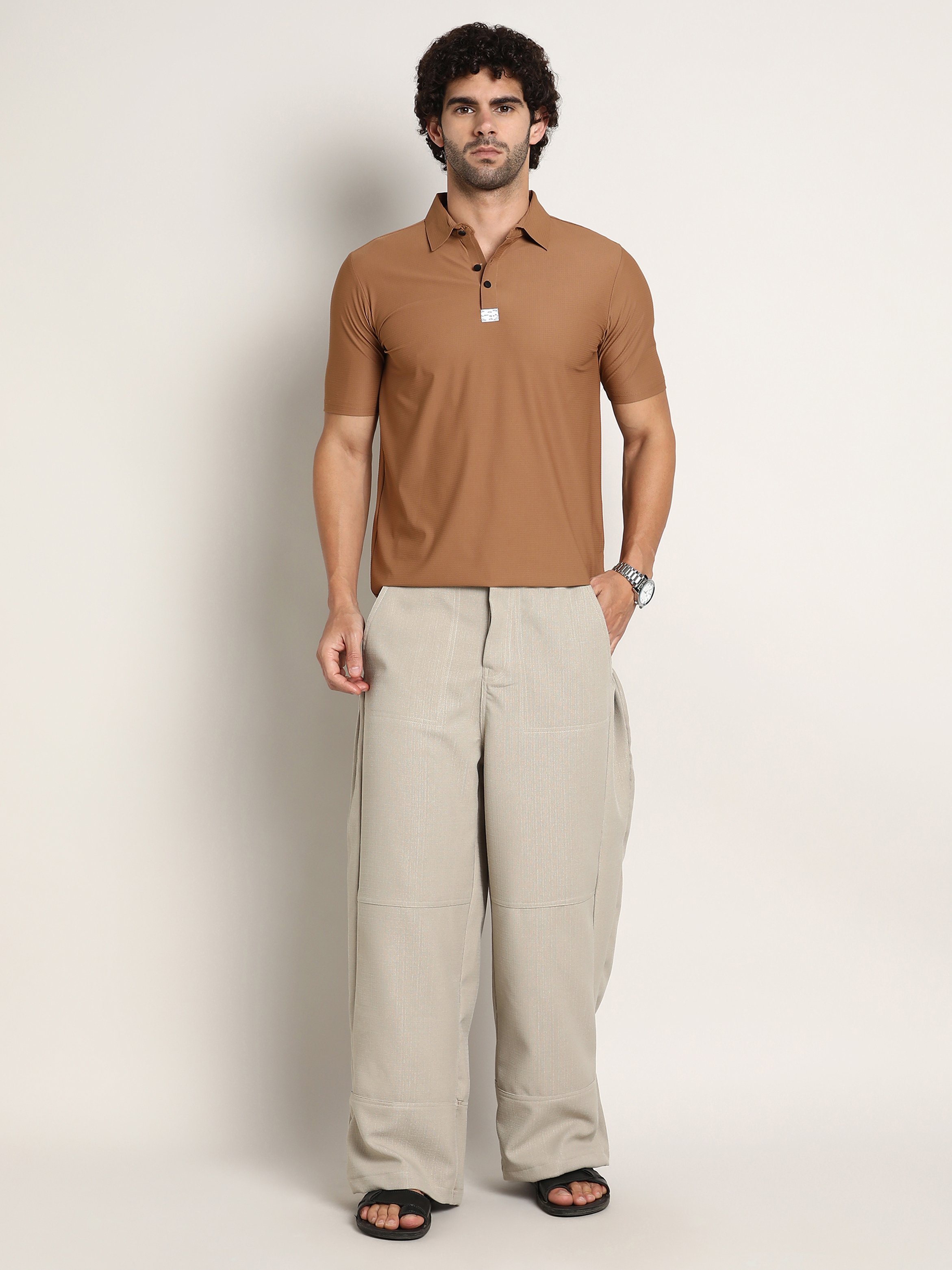 Men Saltbox Beige Panelled Baggy Cargo Trousers