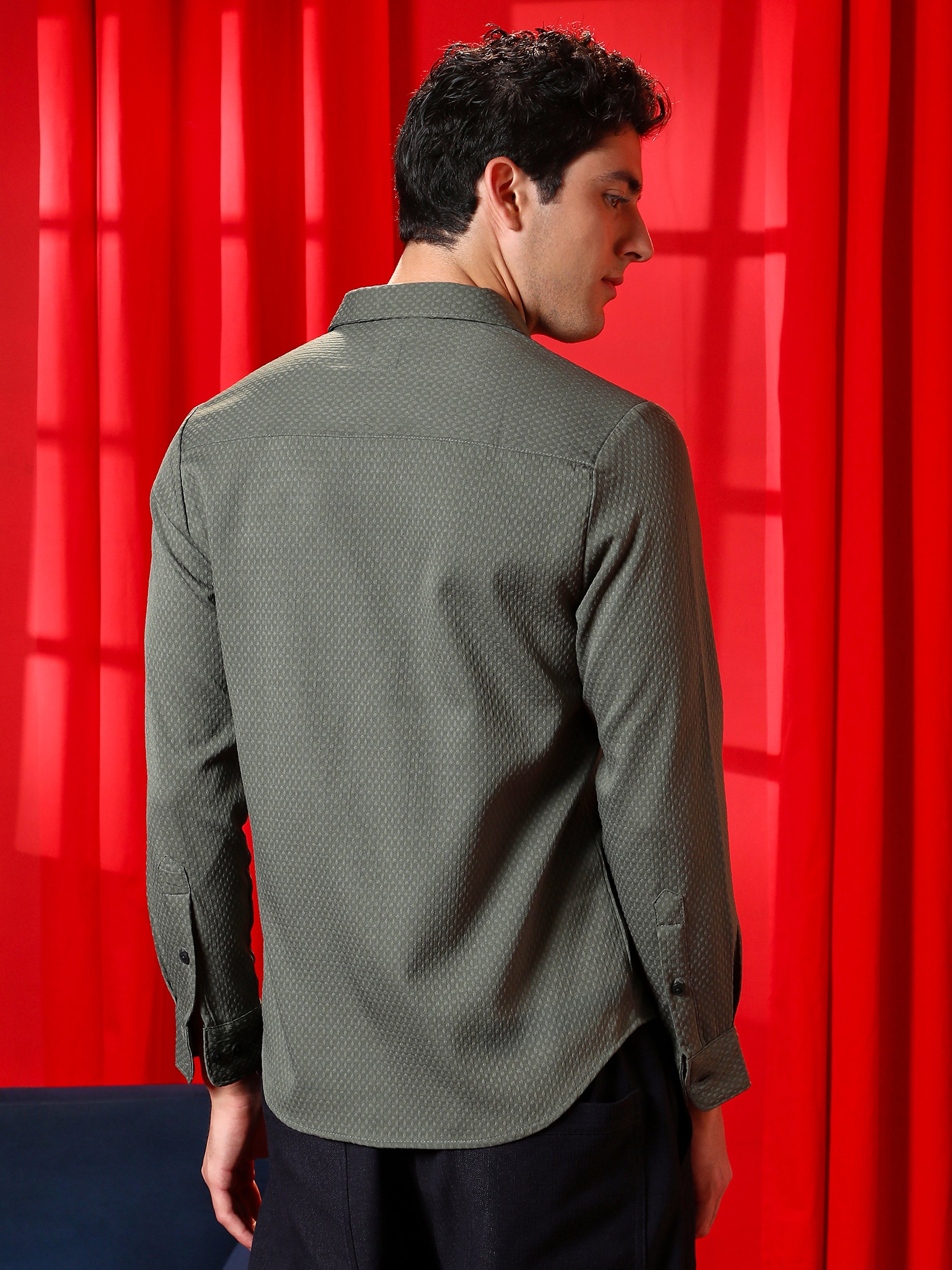 Men Olive Green Motif -Tactile Shirt