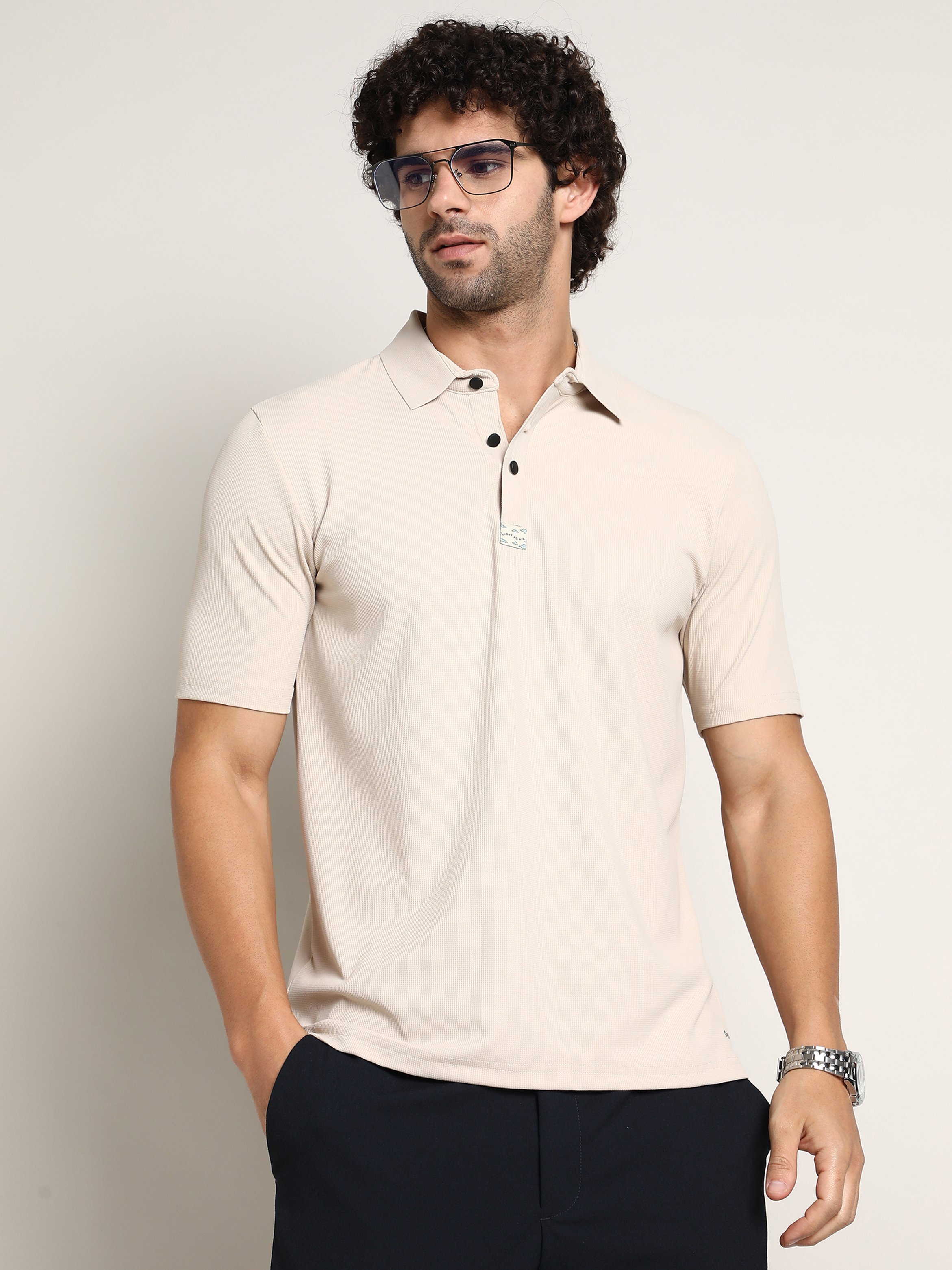 Men Beige Seamless Ribbed Polo T-Shirt