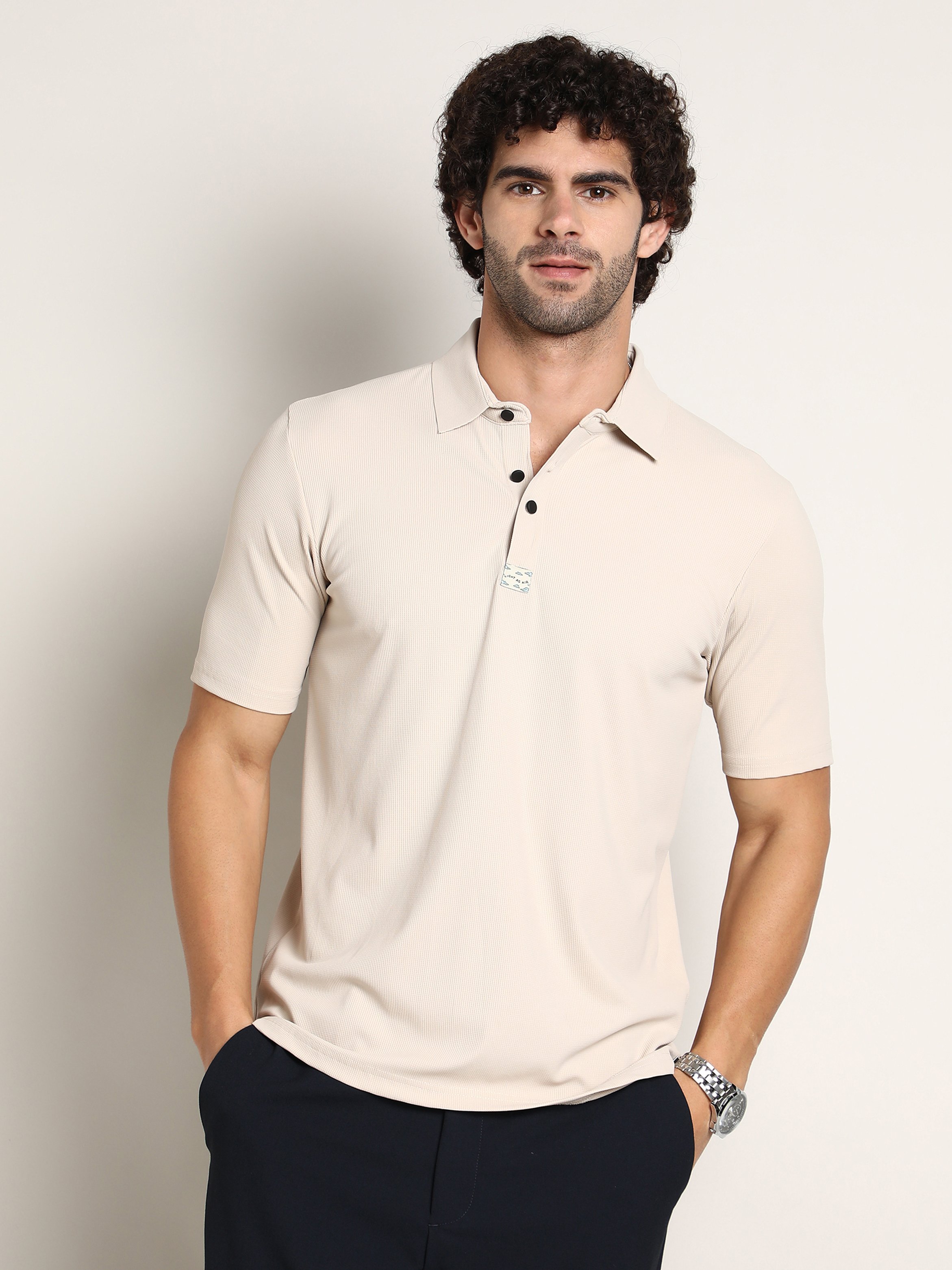 Men Beige Seamless Ribbed Polo T-Shirt