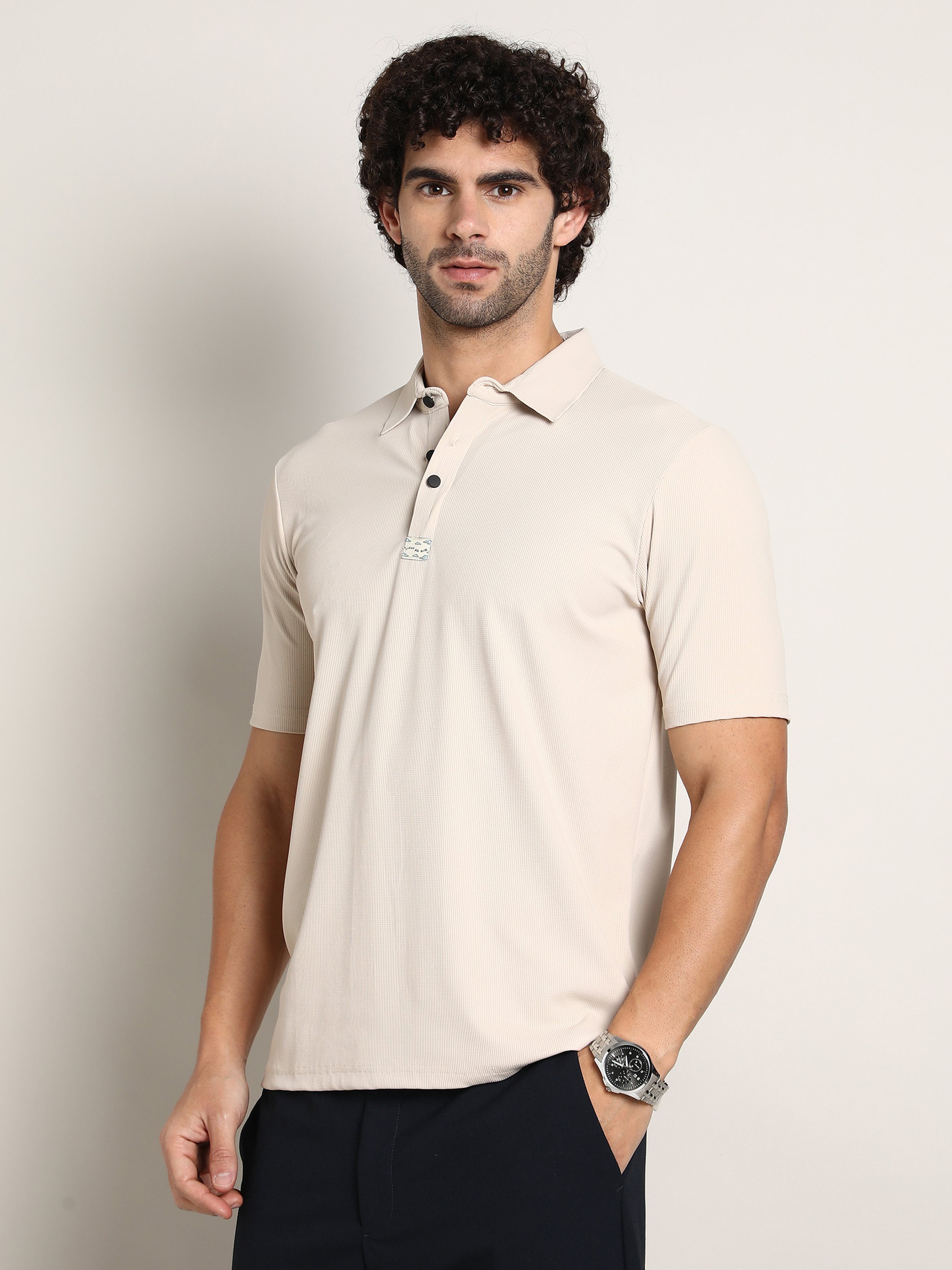 Men Beige Seamless Ribbed Polo T-Shirt