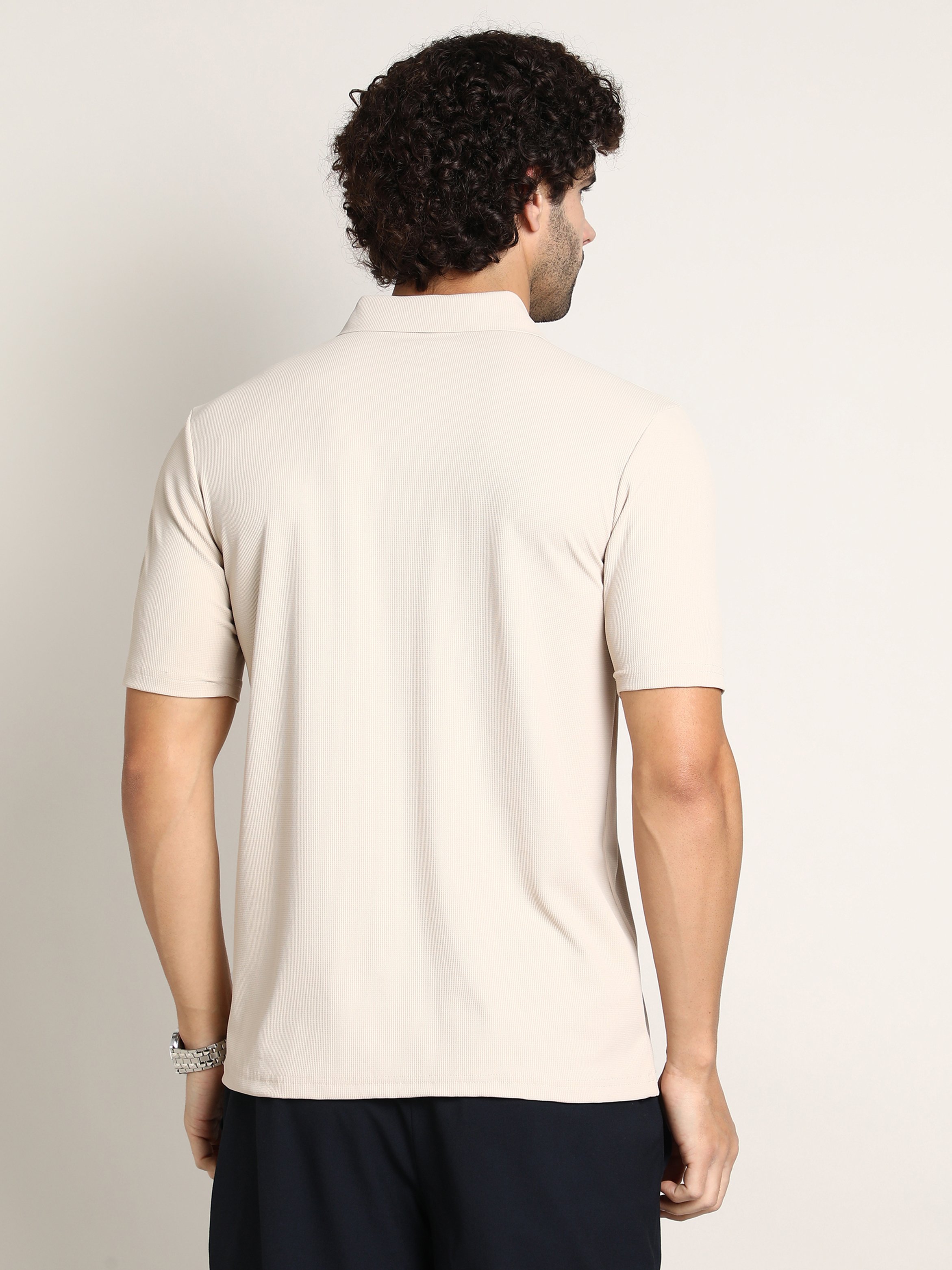 Men Beige Seamless Ribbed Polo T-Shirt