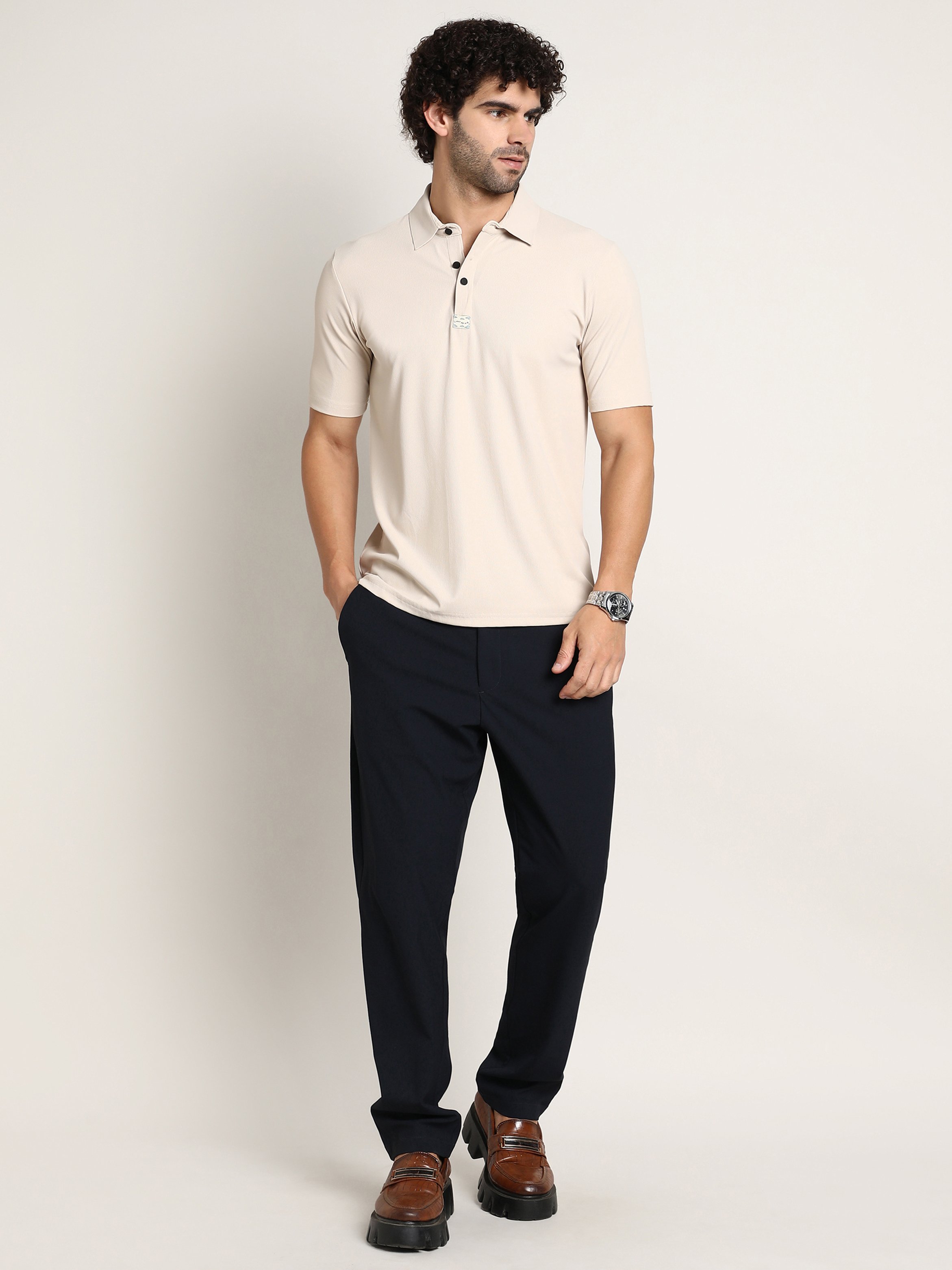 Men Beige Seamless Ribbed Polo T-Shirt