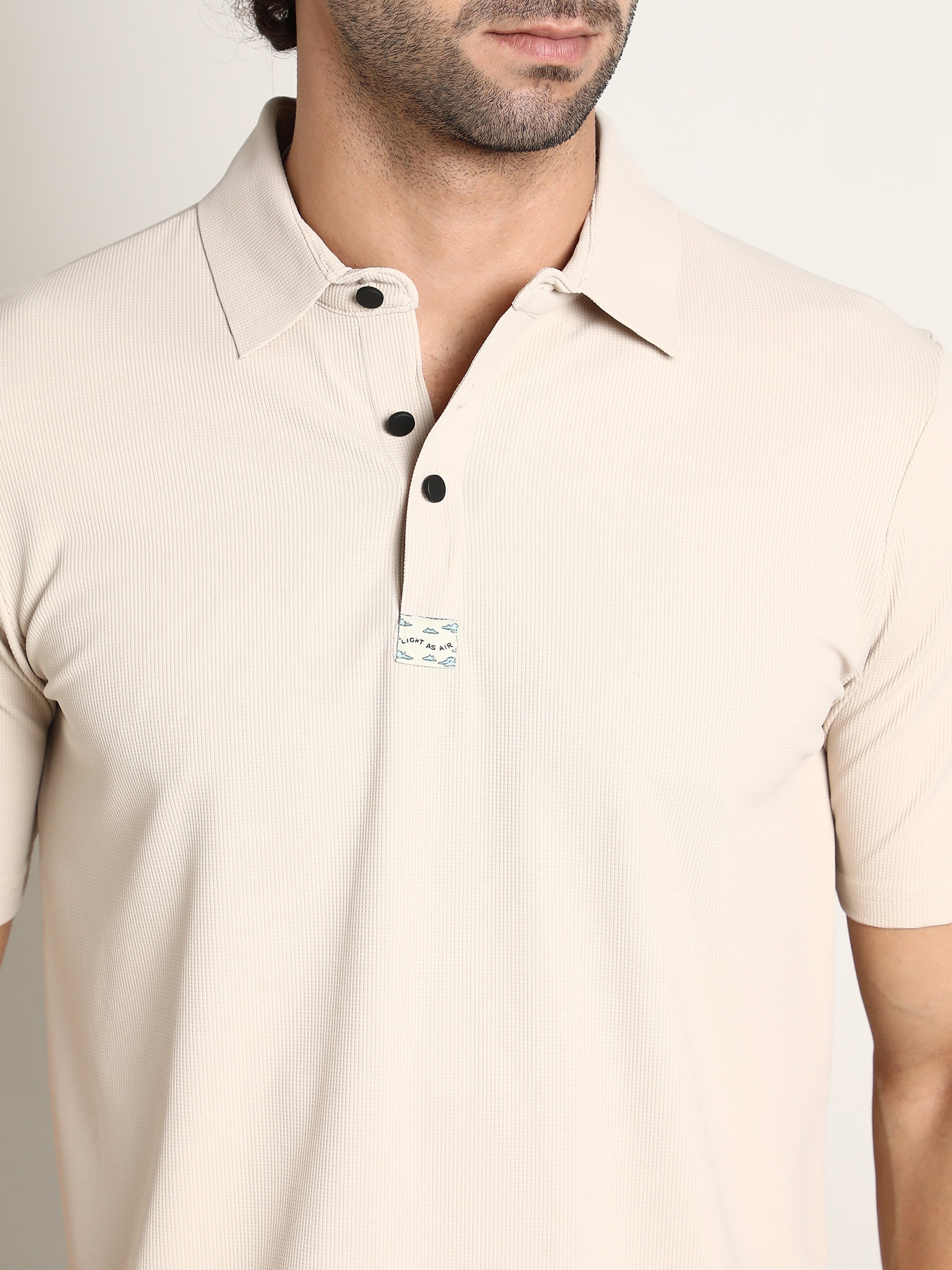 Men Beige Seamless Ribbed Polo T-Shirt