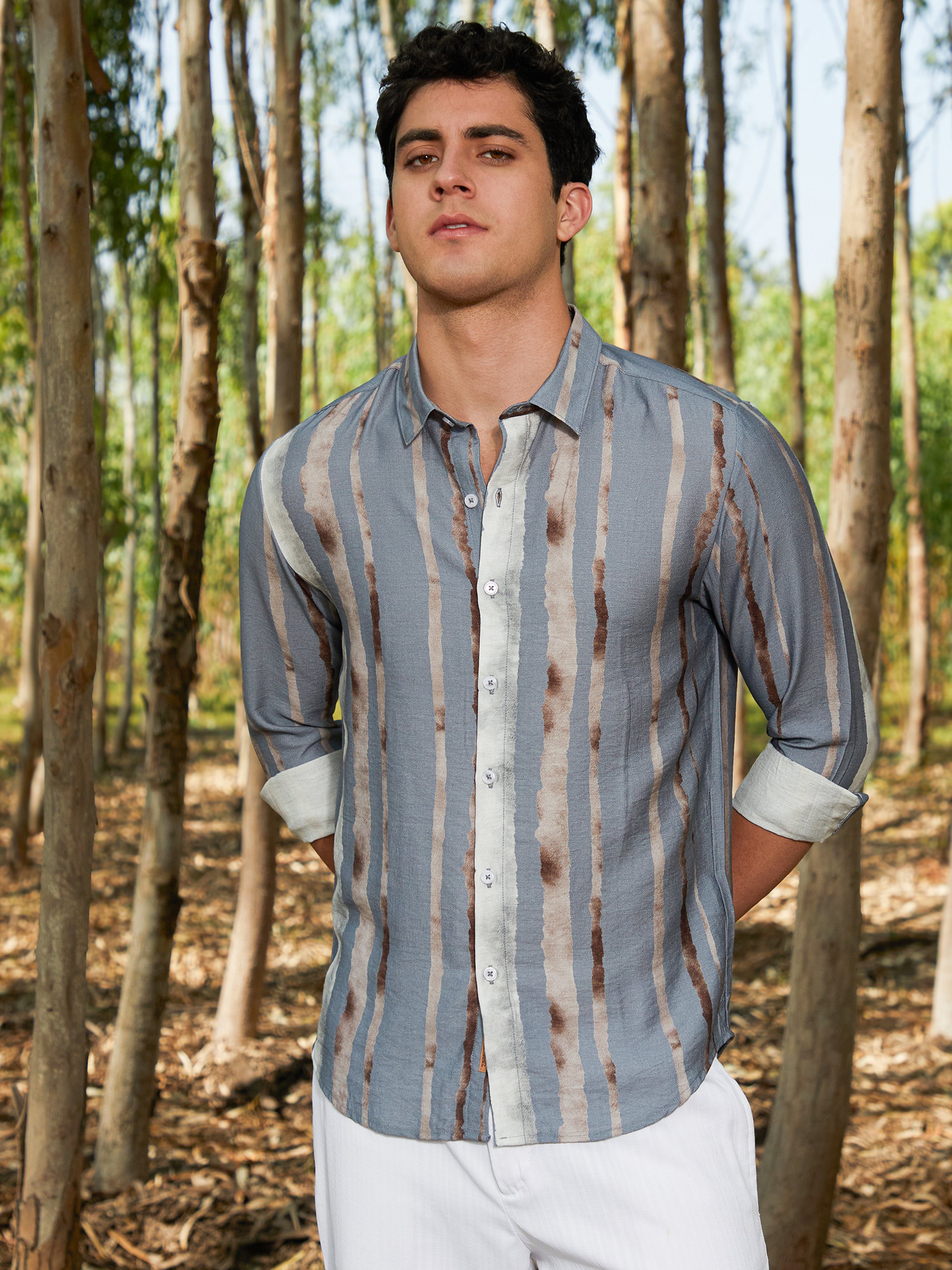 Men Moon Grey Indie-Striped Shirt