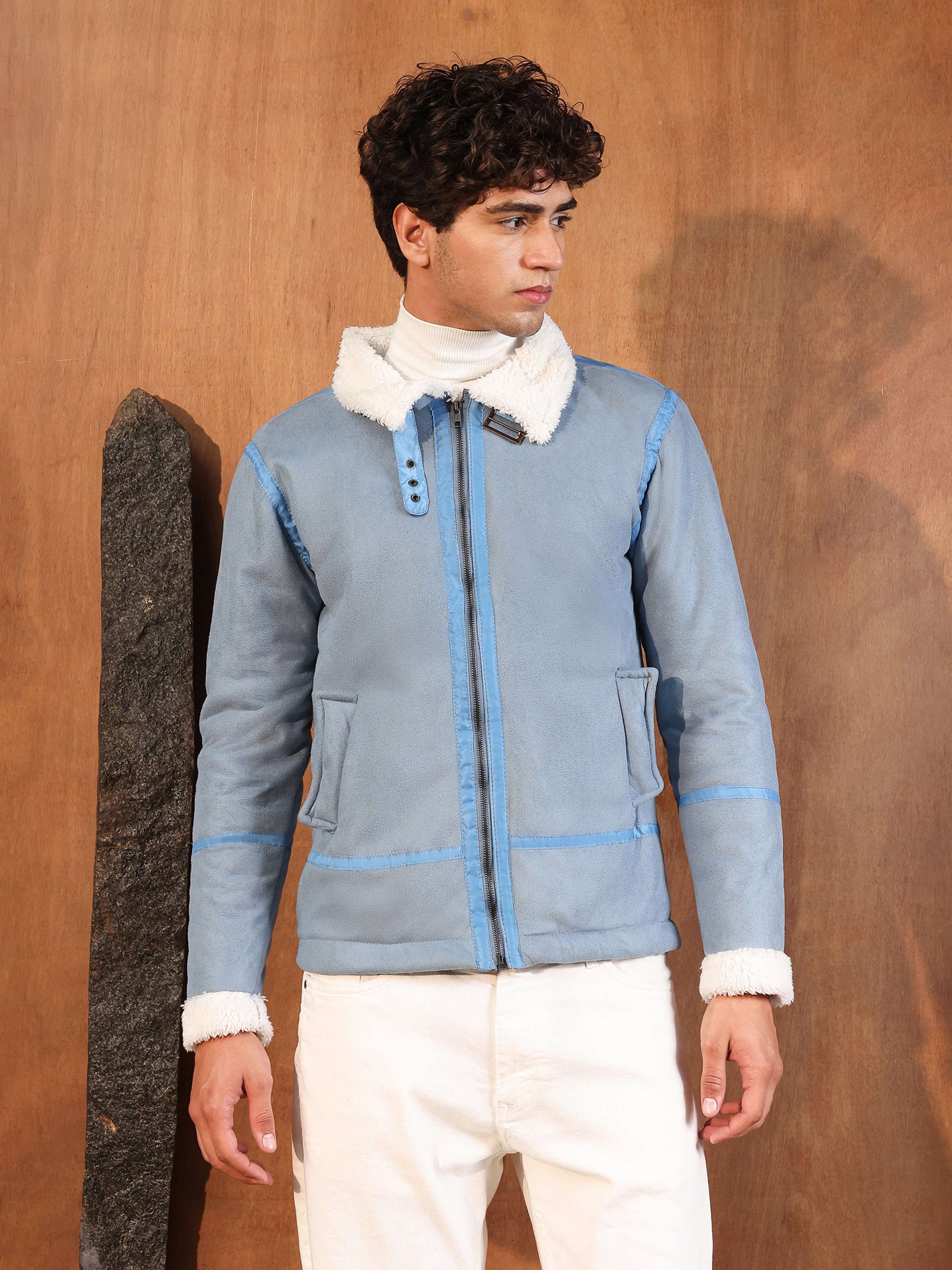 Men Blue Contrast Sherpa-Lined Suede Rider Jacket