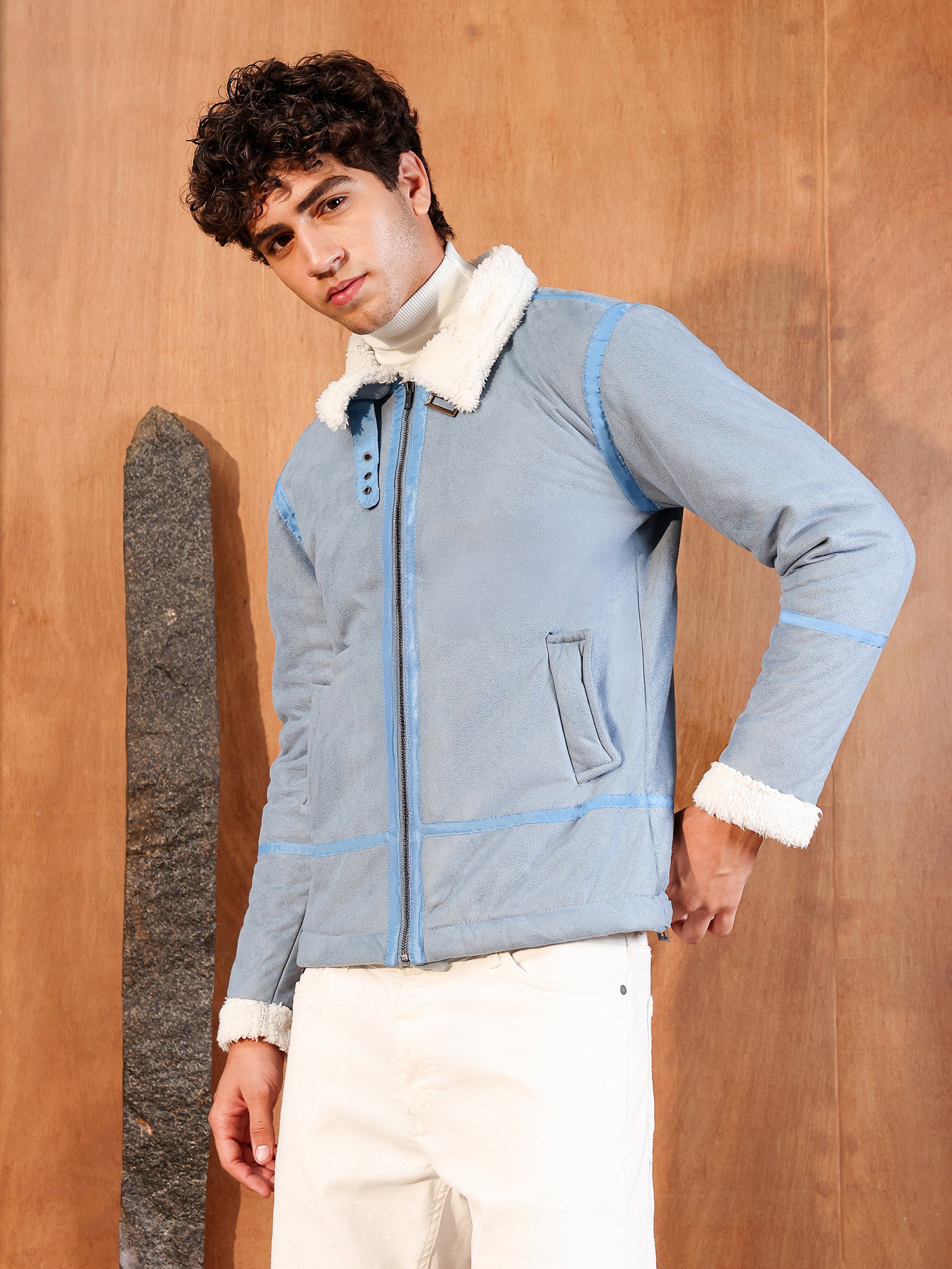 Men Blue Contrast Sherpa-Lined Suede Rider Jacket