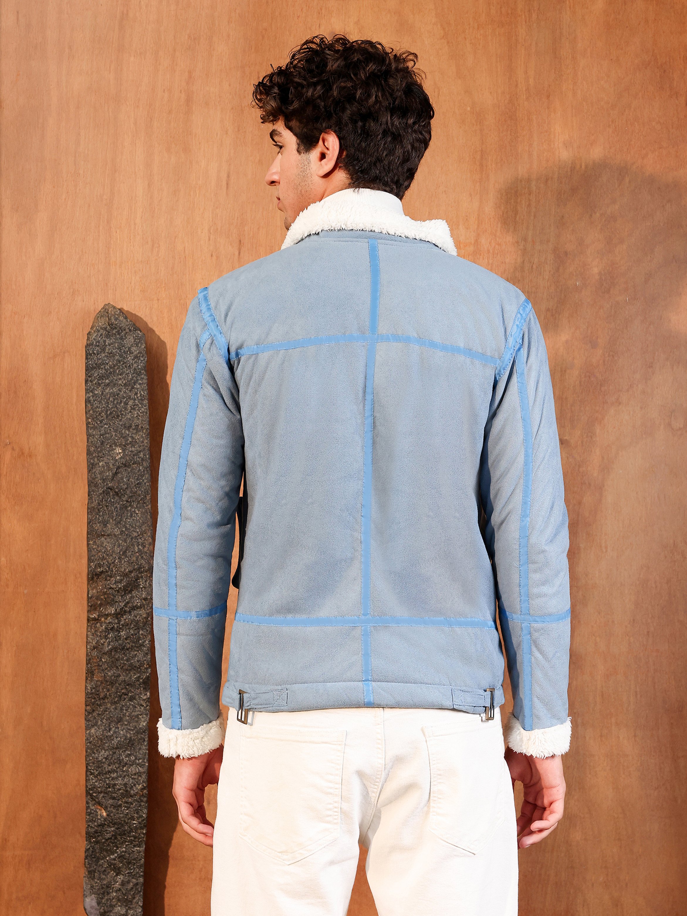 Men Blue Contrast Sherpa-Lined Suede Rider Jacket