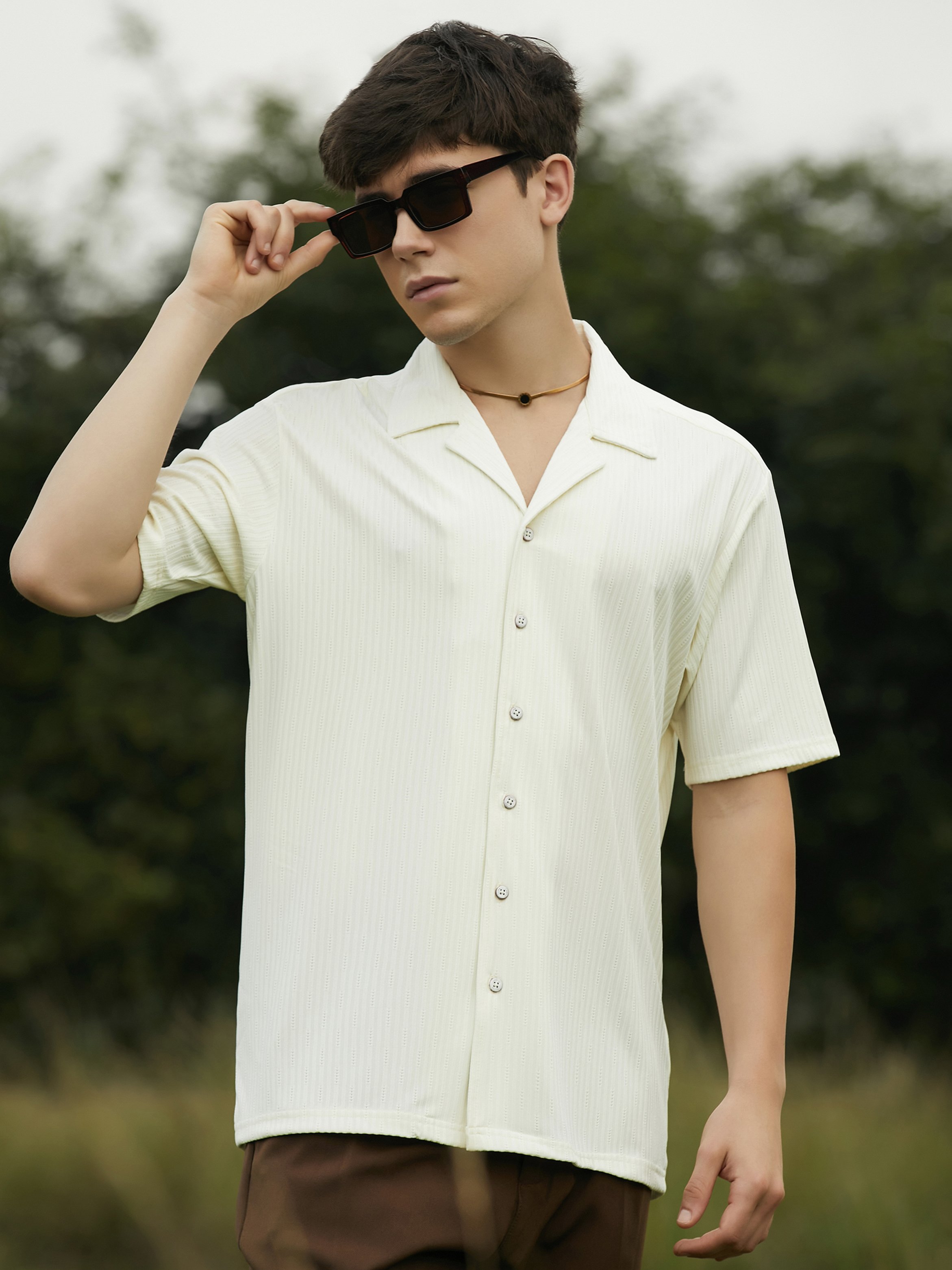 Men Cream White Trough-Tactile Shirt